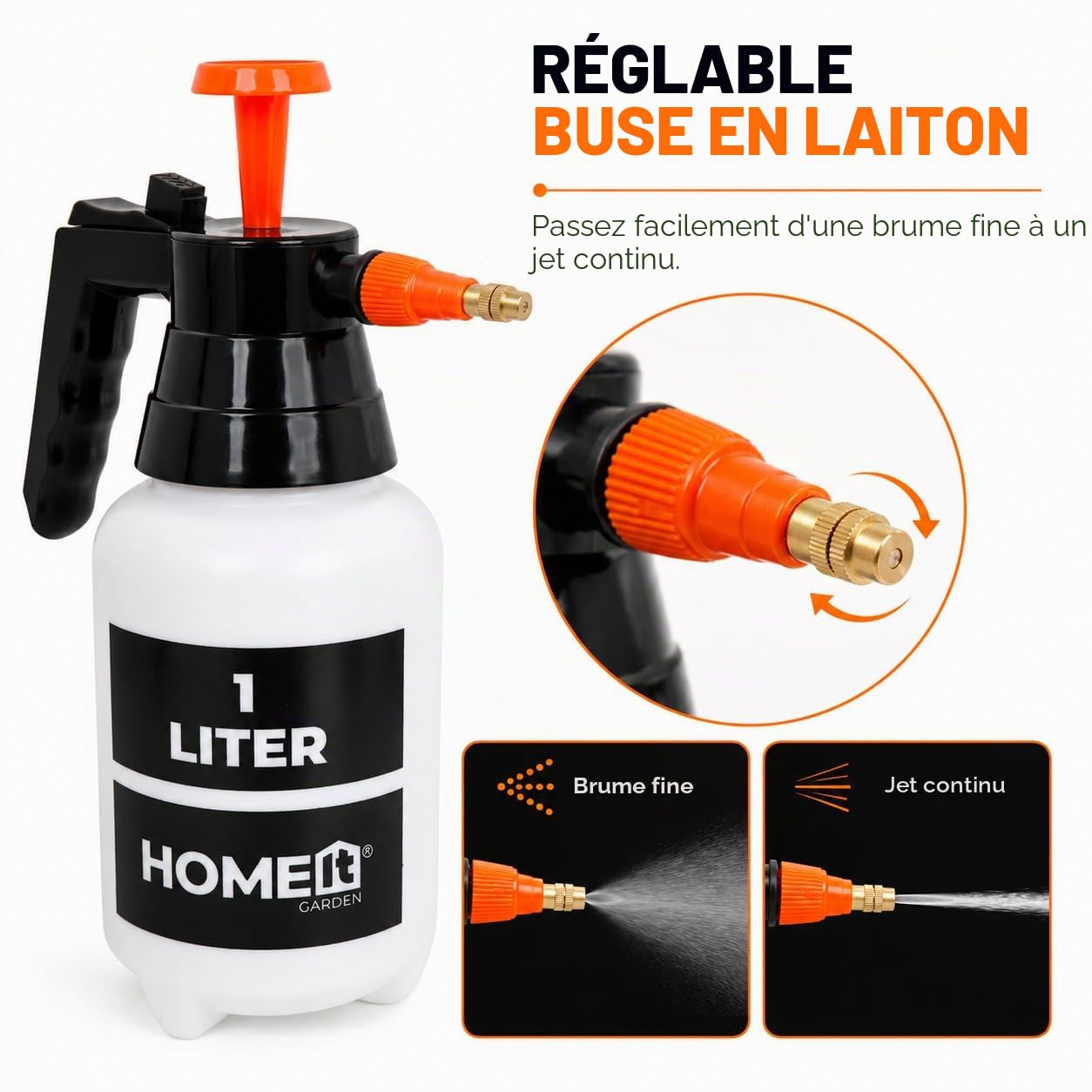 Home It® Pulvérisateur Manuel 1L avec Pompe – Buse réglable – Réservoir résistant aux UV – pour Jardin, Plantes, désherbage – Blanc/Noir/Orange