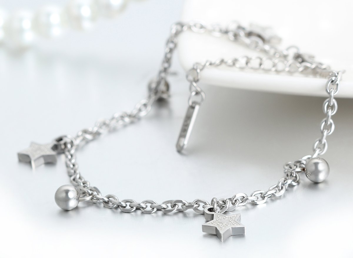 JewelryWe Bijoux Bracelet Main & Cheville Femme Poli Etoile Acier Inoxydable Chaîne de Cheville Fantaisie Couleur Argent Rose Or avec Sac Cadeau