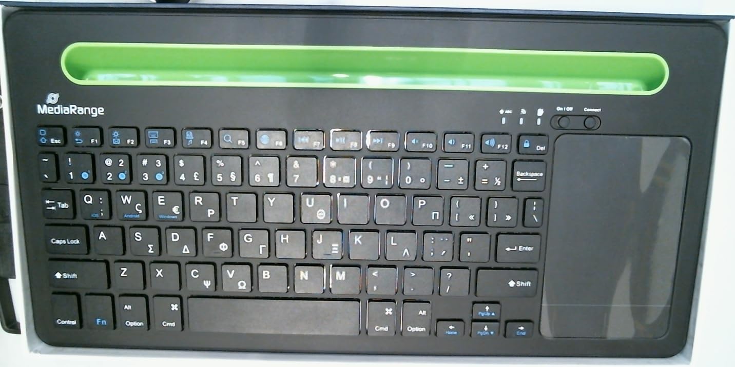 MediaRange Compact Multi-Pairing Wireless Keyboard with 78 Keys and Touchpad, QWERTY (GR) Keyboard Layout, Black/Green