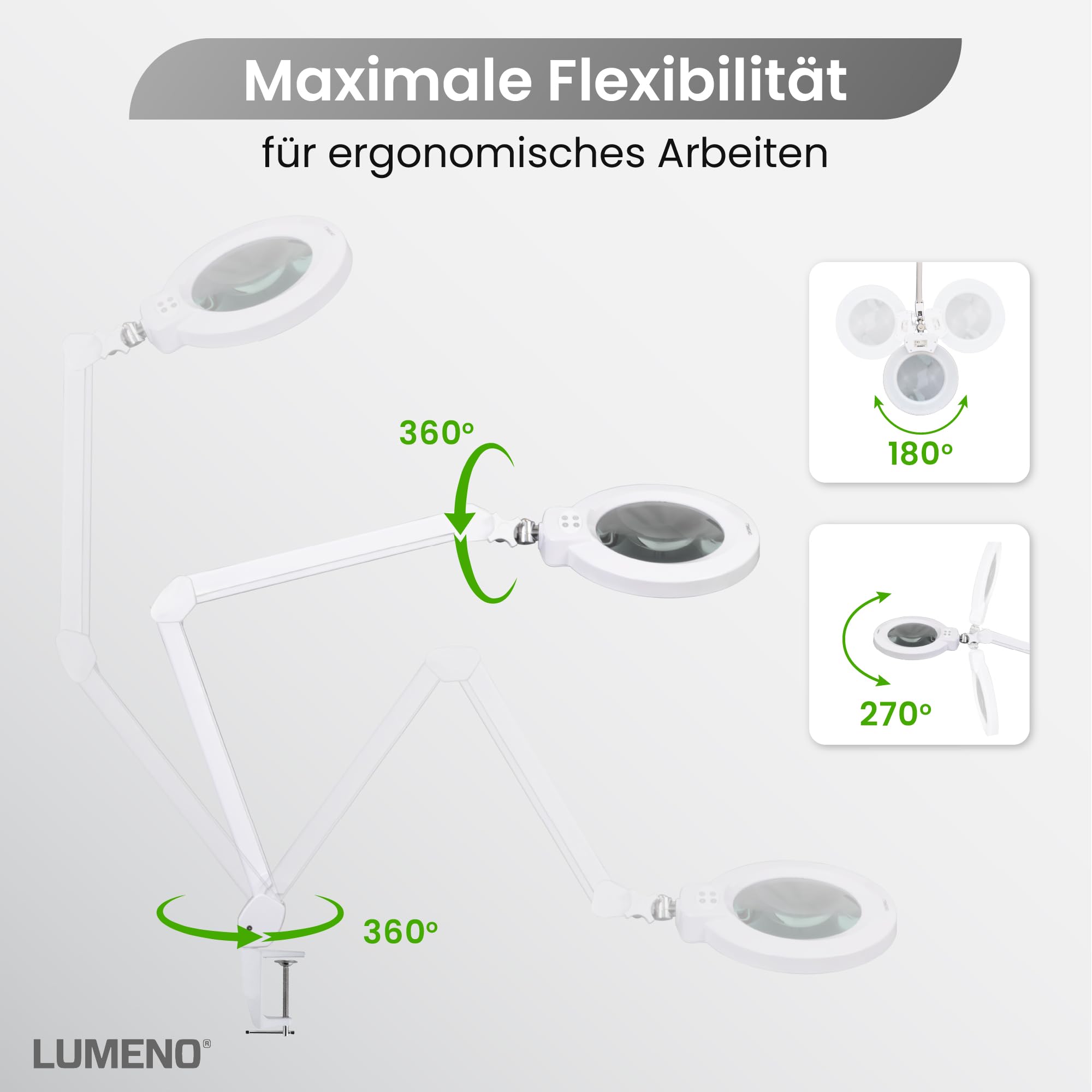 Lumeno 8245PRO LED Lupenleuchte mit großer 177 mm Echtglaslinse, dimmbar mit Segementschaltung und robustem Metallgehäuse ideal als Lesehilfe, für Handarbeit, Praxis Fußpflege, 5 Dioptrien
