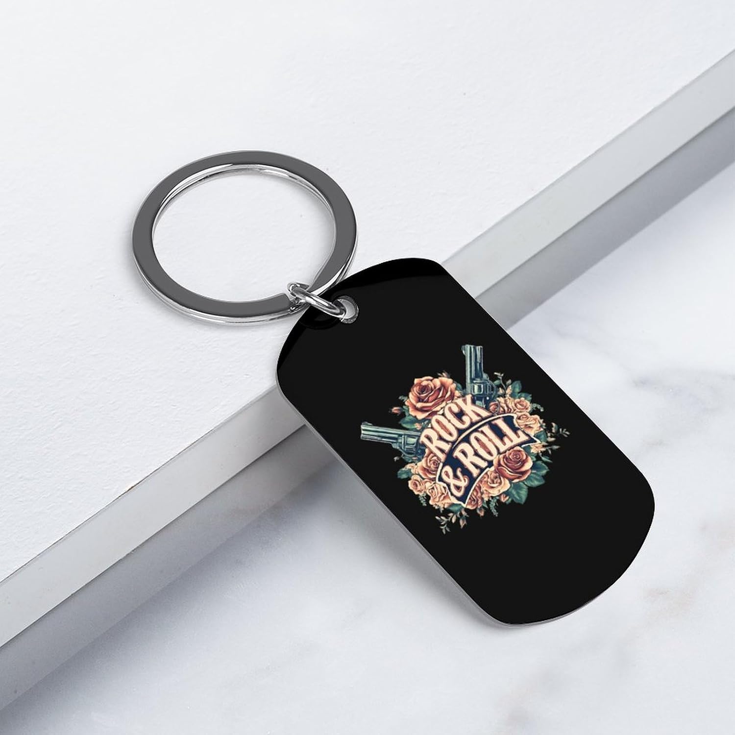 Rock Roll Music Rose Flowers KeyChain Metal Car Key Ring Dog Tag Unique Pendant Bag Charms image 3