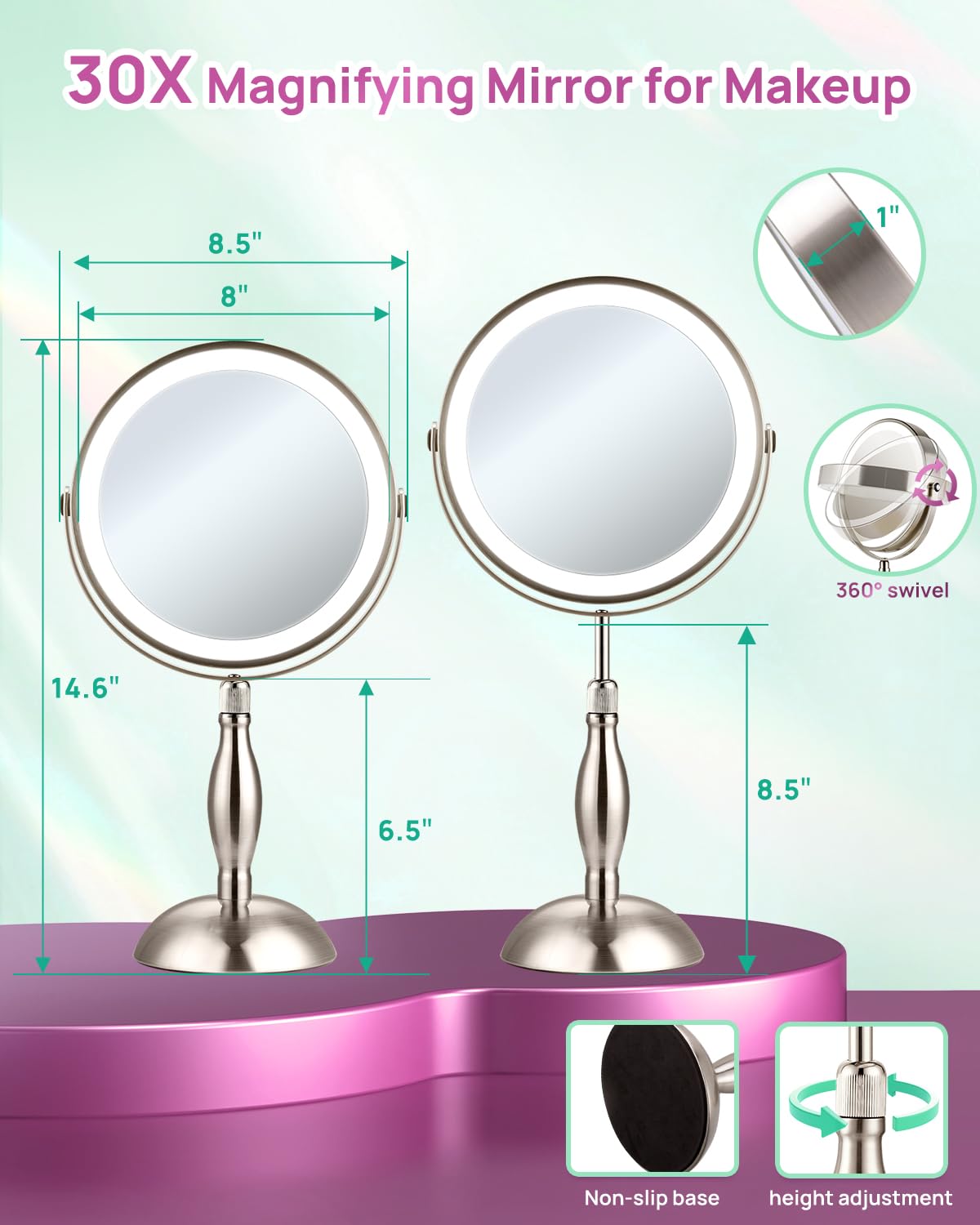 Espejo de aumento de 30 aumentos con luces, espejo de maquillaje ajustable