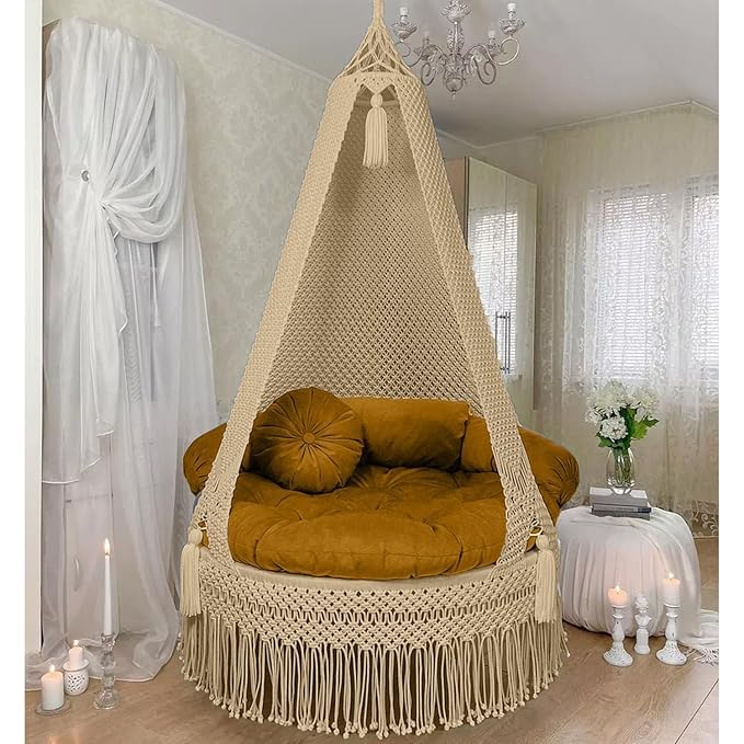 Image of Macrame Hanging Chair Swing with Cushion | Handmade Boho Hammock Chair for Adults & Kids | Indoor Outdoor for Balcony, Living Room, Bedroom, Patio & Garden (Beige)