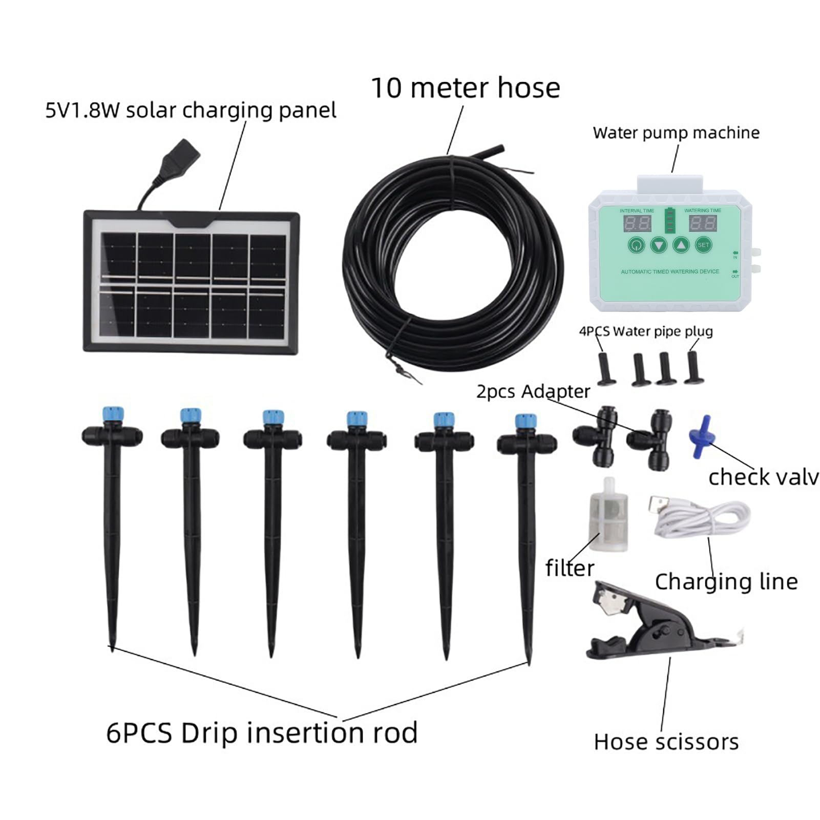 Eujgoov Kit Pompa Solare per Piante, di Irrigazione a Goccia Automatico con Timer e Ugello per Serra da Giardino Interna Ed Esterna (WHITE)