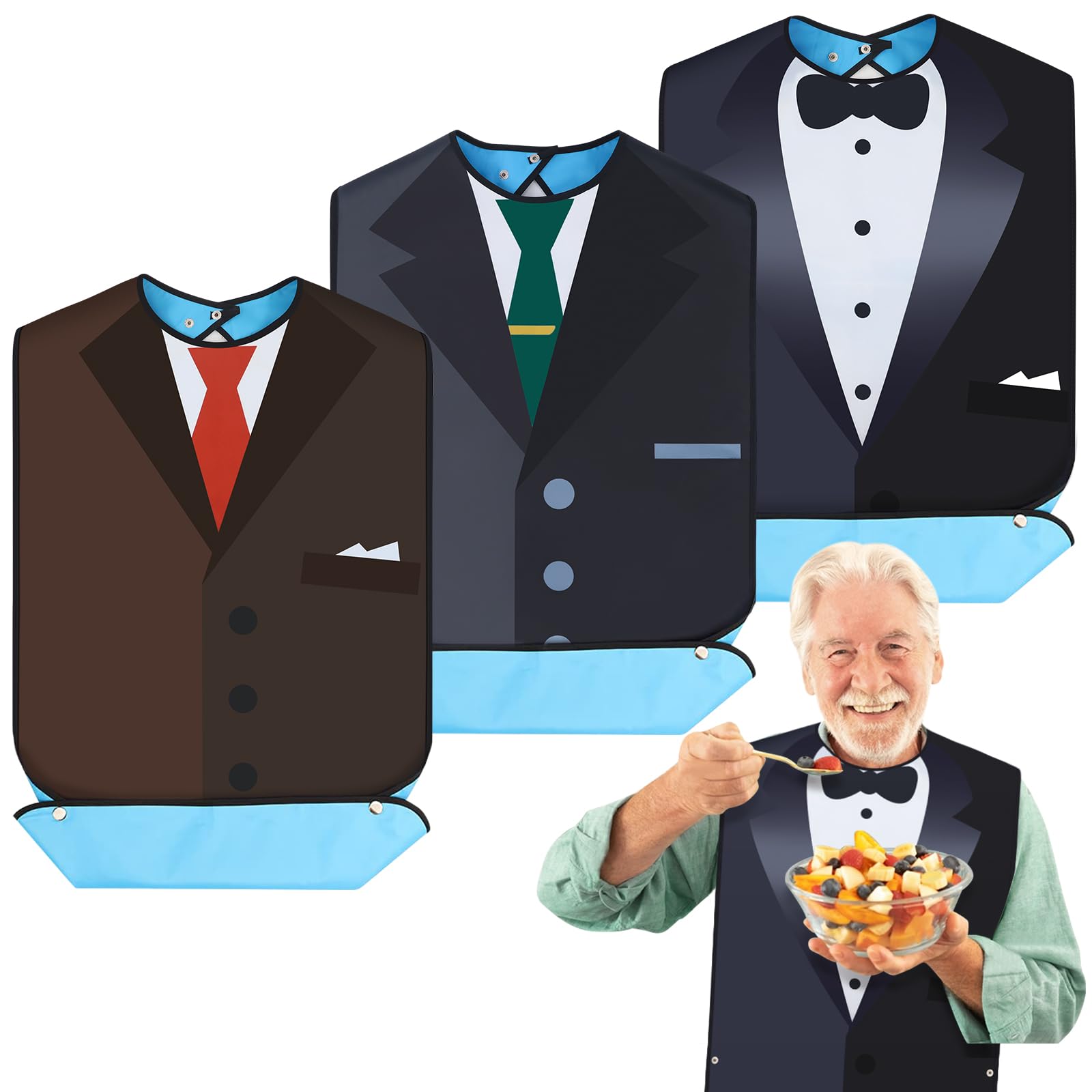 Wenya Unisex Dark Tie 3 Pack Adult Bibs For Men, Washable Feeding Adult Bib With Crumb Catcher Waterproof Clothing Protectors For Adult Elderly And Disabled