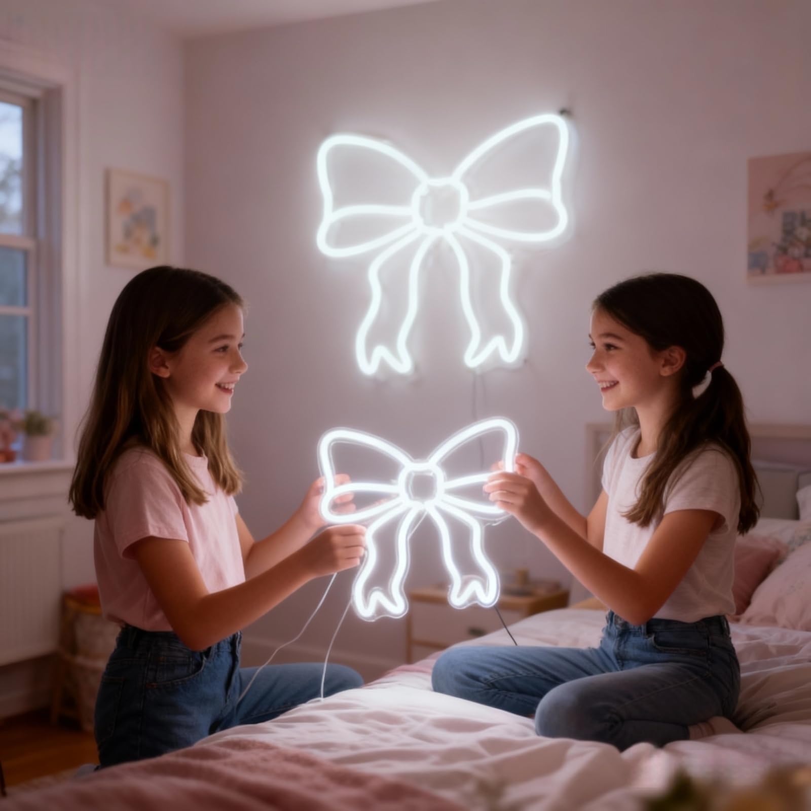 Decorazione con fiocco, decorazione per la stanza, regali per fidanzata, dormitorio delle ragazze, camera da letto, regali per studenti, feste, colleghi e bambini, insegna al neon bianca 30 x 30