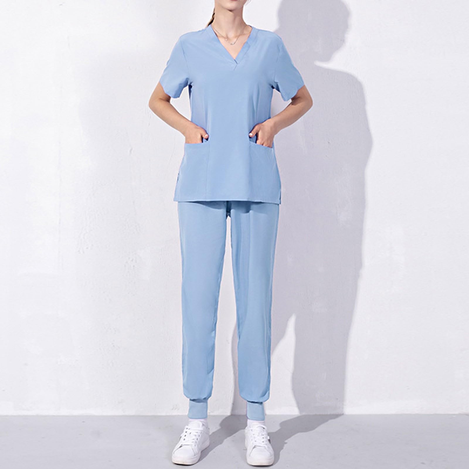 HAOLEI Divisa Sanitaria Donna Cotone Divisa Infermiere Set con Casacca e Pantalone Sanitaria Uniformi Infermiera Ospedaliere con Cordoncino Camice Medico Set Uniforme Camice da Lavoro Donna