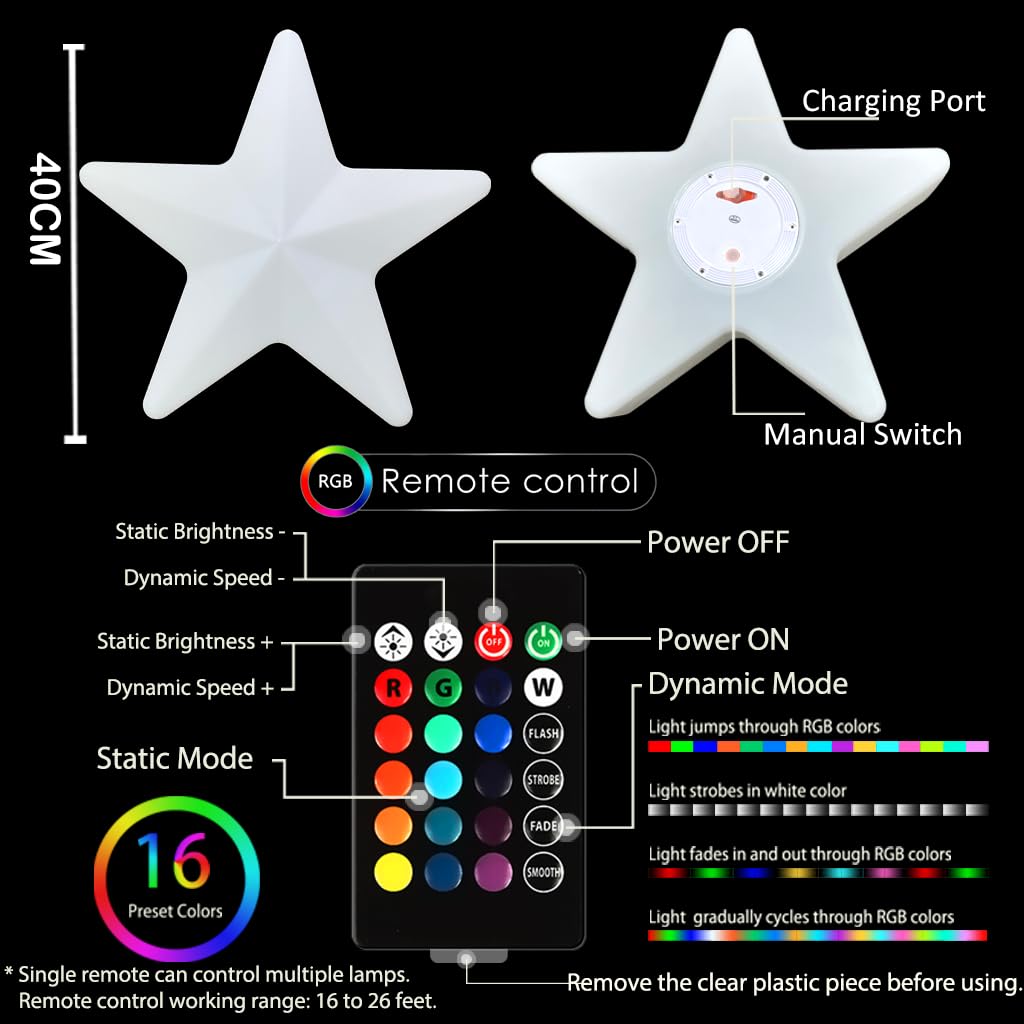 Luce a stella da 40,6 cm, in robusto materiale PE, luce notturna per bambini, lampada per bambini con porta di ricarica USB, 16 colori e 4 effetti di luce, lampada a forma di luna per asilo nido