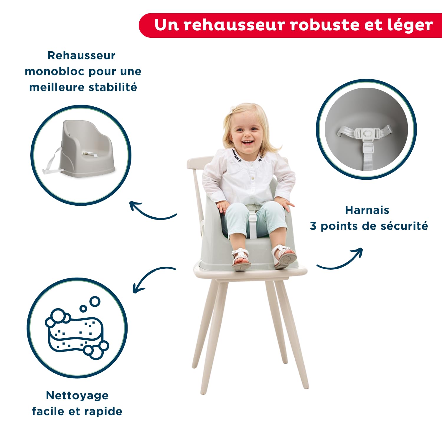 THERMOBABY - Chaise Haute Bébé 2 en 1 Youpla - Évolutive En Rehausseur Chaise Enfant - Tablette Amovible - Harnais 3 Points - Dès 6 Mois, Jusqu'à 3 Ans ou 15kg - Fabriqué En France - Gris velours
