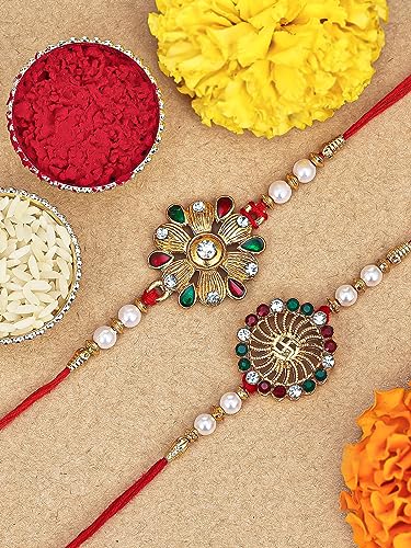 Image of Sukkhi Rakhi for Brother Stylish Kundan Combo & Designer Gold Plated with Roli Chawal & Greeting Card Set of 2