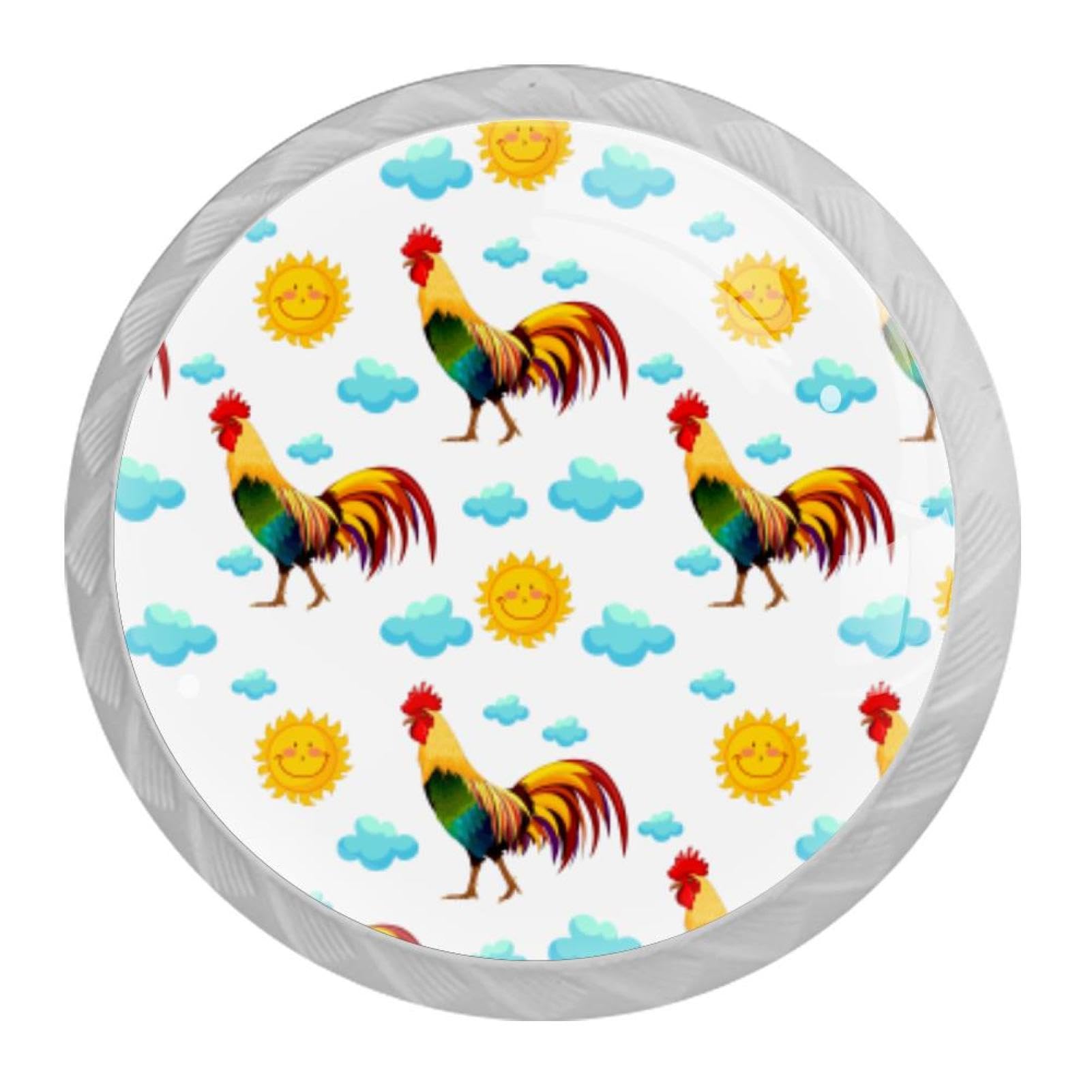 Tqmspg 4 Pieces Drawer Pulls Cute Sun Roosters Pattern Door Knobs Dresser Handles for Kitchen Wardrobe Cupboard Hardware Furniture