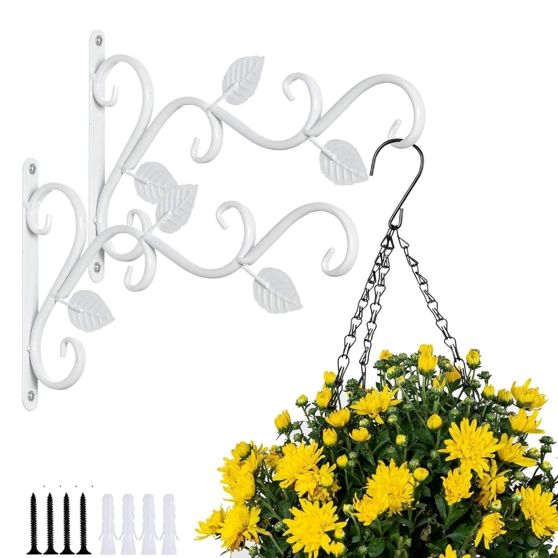 Pack of 2 Wall Mounted Hanging Plant Bracket for Indoor and Outdoor Decoration | Metal Bracket Hanger for Flower Basket, Wind Chimes, Bird Feeders and Lantern (LF3 - White)