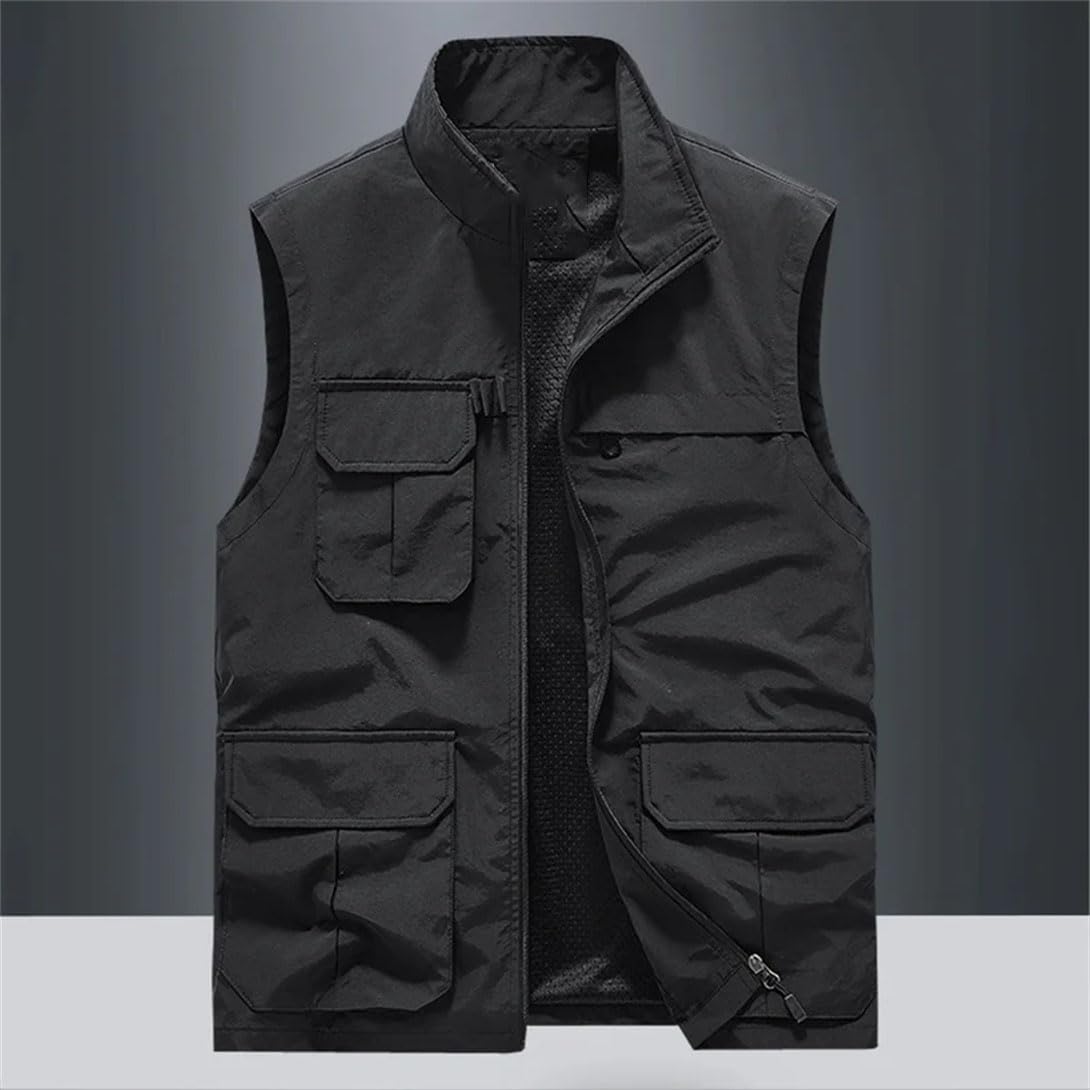Gilet da uomo con colletto alla coreana, senza maniche, leggero, da viaggio, da caccia, con tasche multiple