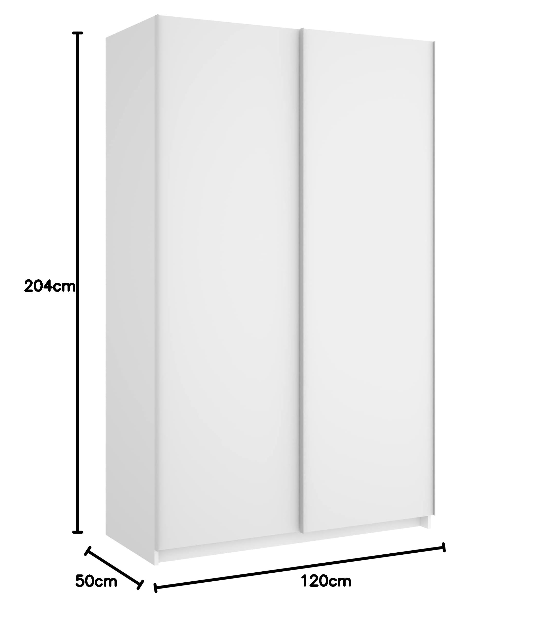 Mobelcenter, Armario 2 Puertas Correderas Matrimonio o Juvenil con 3 estantes y Barra de Colgar, Color Blanco Mate, Medidas: Ancho: 120 cm x Fondo: 50 cm x Alto: 204 cm (1353)
