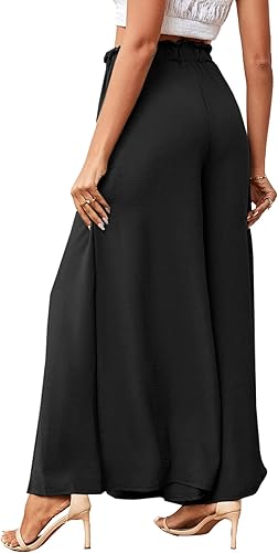 Miniatura 2 de LYANER Pantalón plisado de pierna ancha fluida con cinturón para mujer, con abertura lateral, cintura alta, con lazo frontal