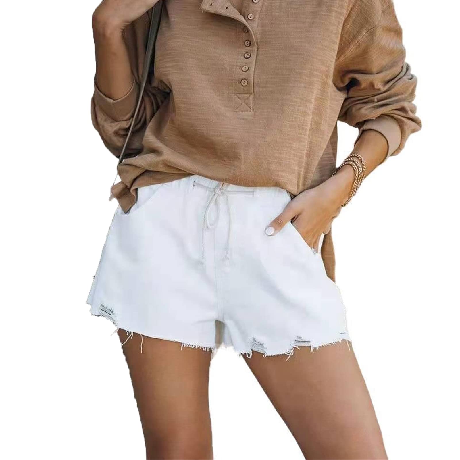 JEKE-DG Womens Elastic Waist Drawstring Denim Shorts Comfy Pocket Shorts Pants Summer Beach Casual Stretchy Jean Shorts (Small,White)