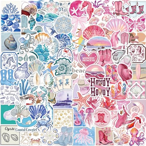 100PCS Summer Ocean Stickers Pack, Waterproof Marine Aesthetic Decals,Pink & Blue Beach Stickers Suitable for Water Bottles Laptops Scrapbooking Journaling, Cute Ocean Party Favors(Blue Pink Ocean)