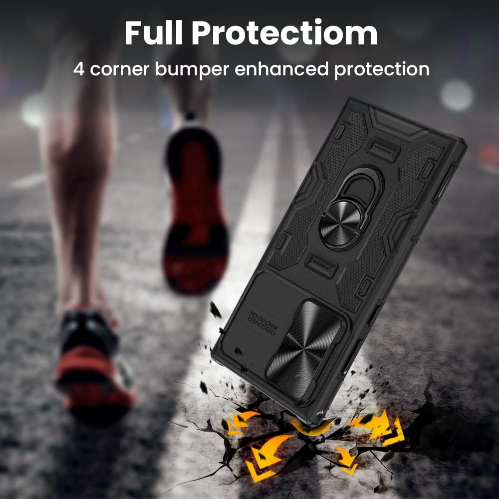 VEGO for Galaxy S22 Ultra Case with Slide Camera Cover, Built-in 360° Rotate Ring Kickstand Magnetic Shockproof Cover Case for Samsung Galaxy S22 Ultra 5G 6.8 inch 2022 Armor Style - Black - Image 6