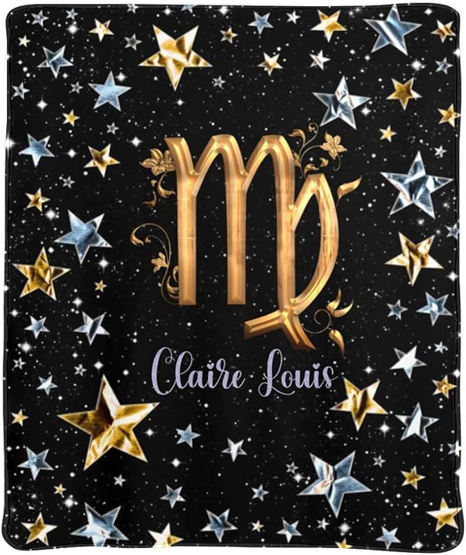 Personalized Throw Blanket, Zodiac Gold Stars Virgo Custom Blankets 50x60 Inches for Couch Bed, Fleece Blanket with Your Name Birthday for Boy Girl Teen
