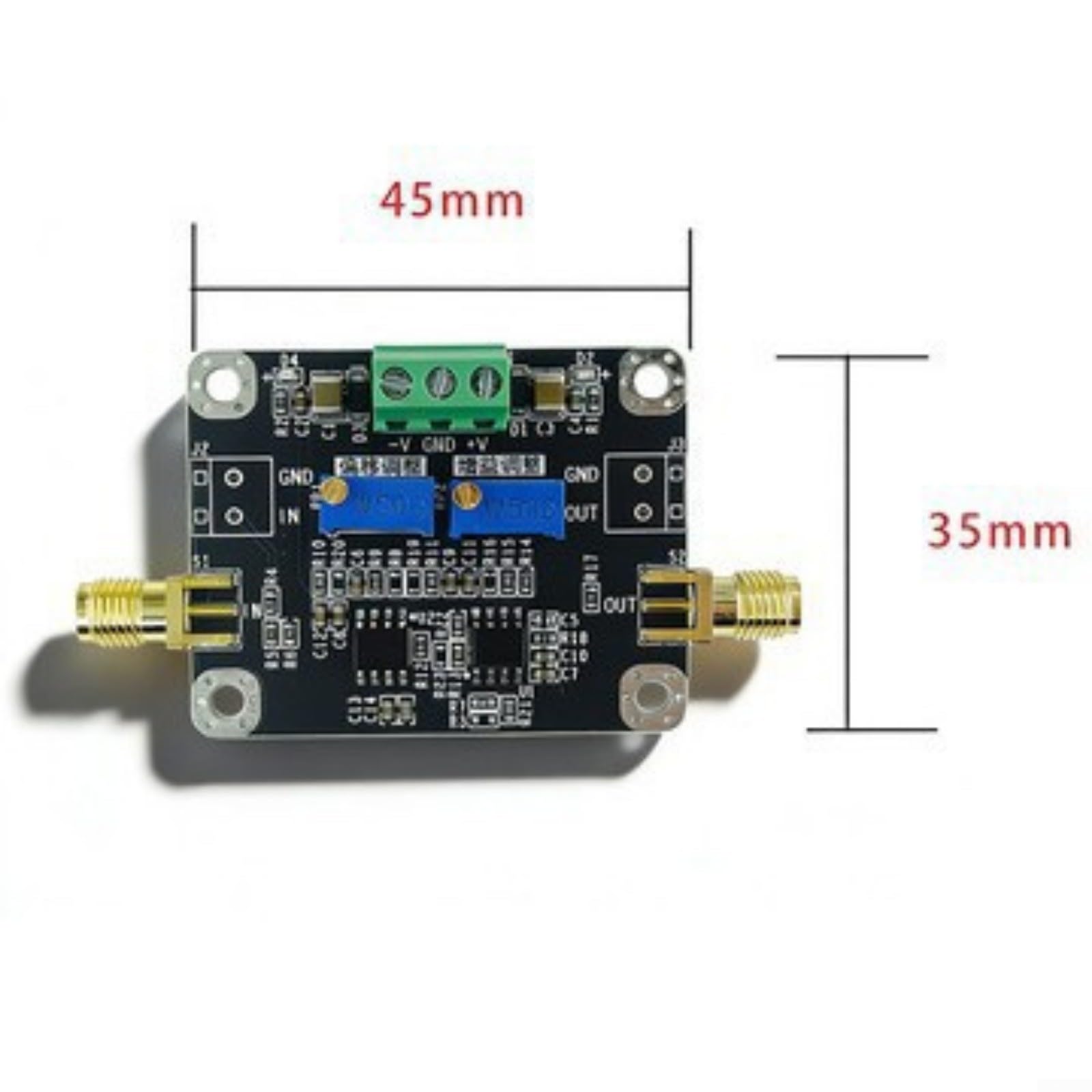 Módulo amplificador con amplificación ajustable de 1 a 13 x y ± 11 V CC, ± 5 V hasta ± 18 V, ancho de banda de 2 MHz, para conexión SMA