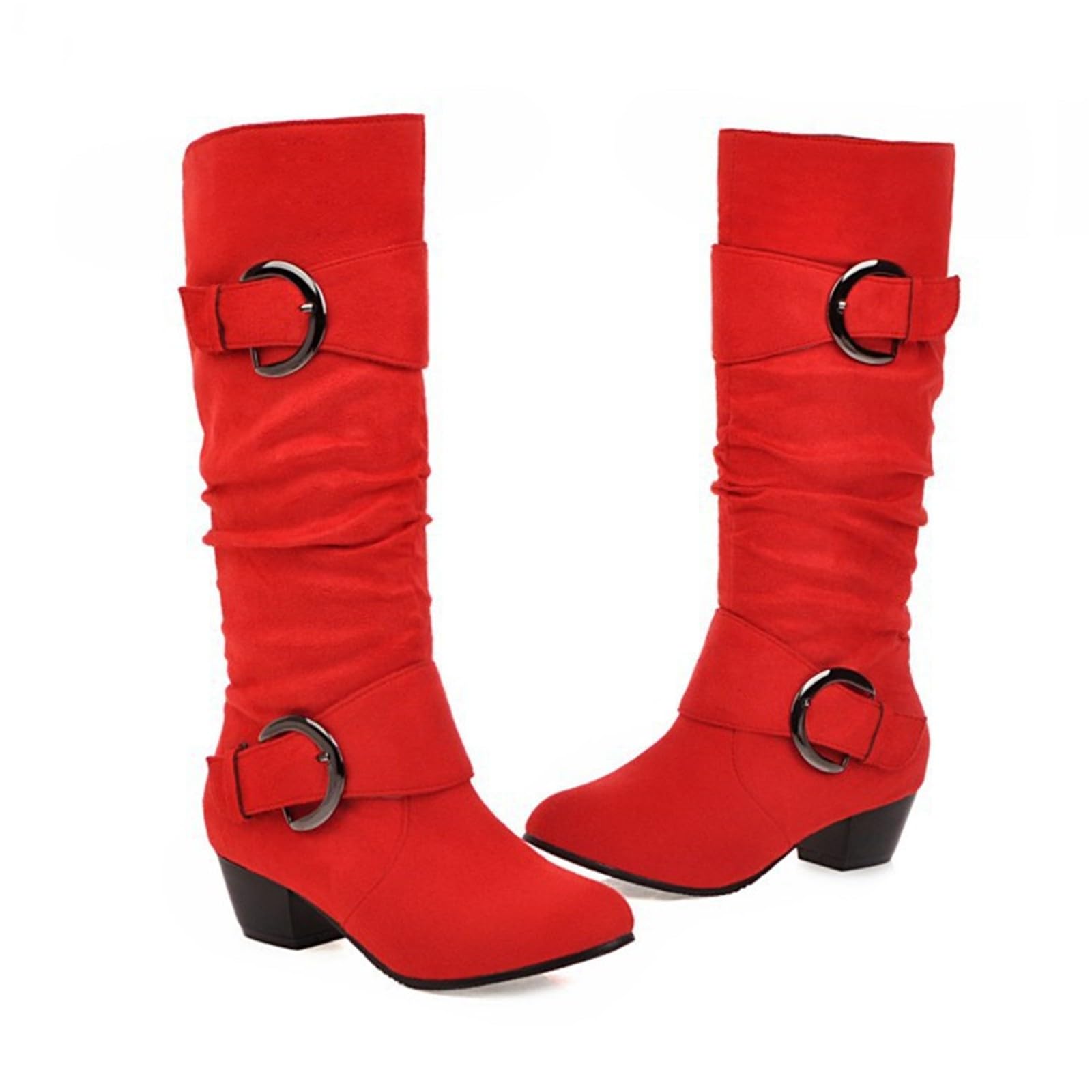 Botas de vaquero para mujer, de ante alto, hasta la rodilla, con tacón de bloque, botas largas con cremallera lateral, botas puntiagudas del oeste con hebilla, rojo, 38 EU