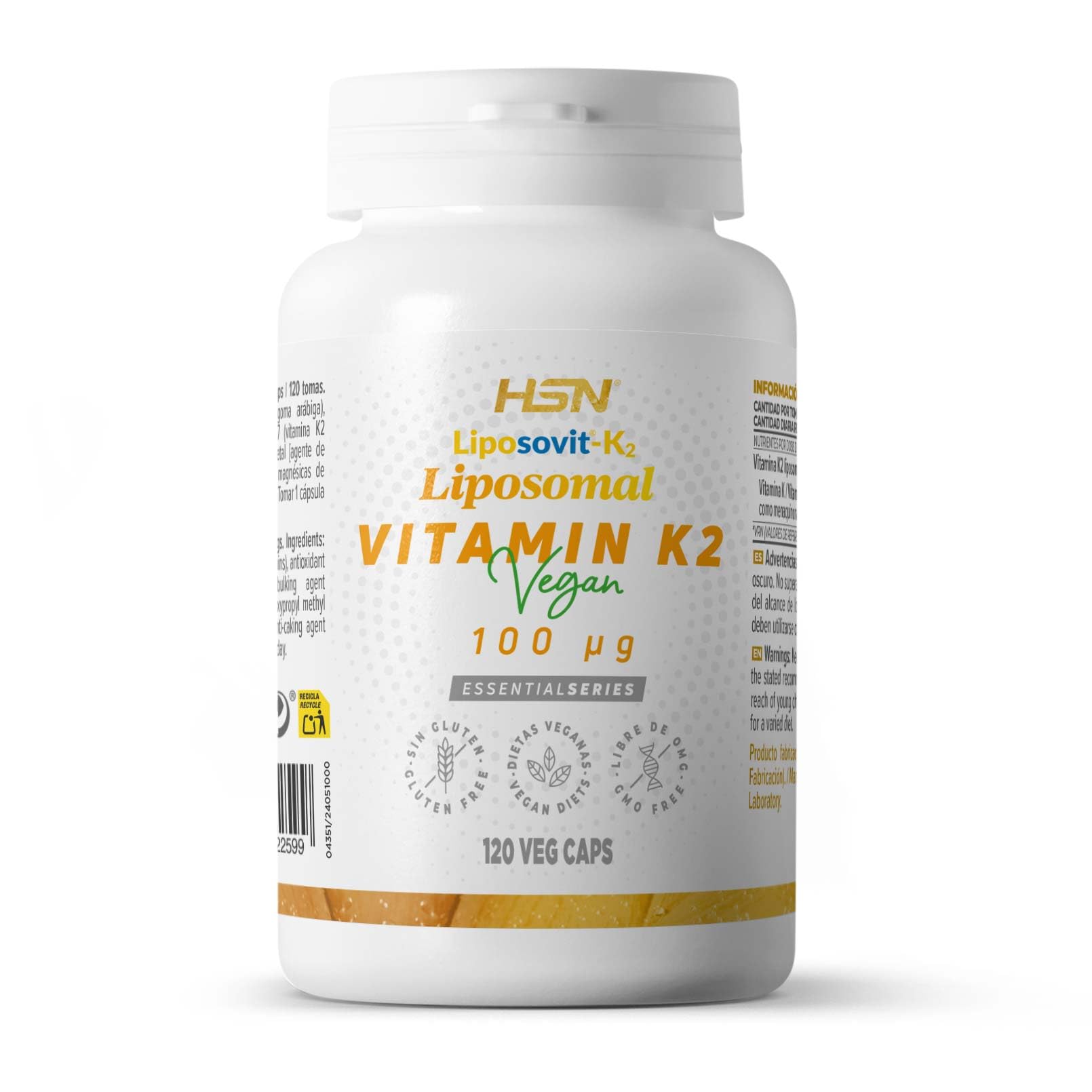 HSN Vitamina K2 Liposomal 100mcg Liposovit® | 120 Cápsulas Vegetales - PURA Vitamina K2 LIPOSOMADA K2-MK7 (menaquinona-7) | Mejor ABSORCIÓN y BIODISPONIBILIDAD | No-GMO, Vegano, Sin Gluten ni Soja