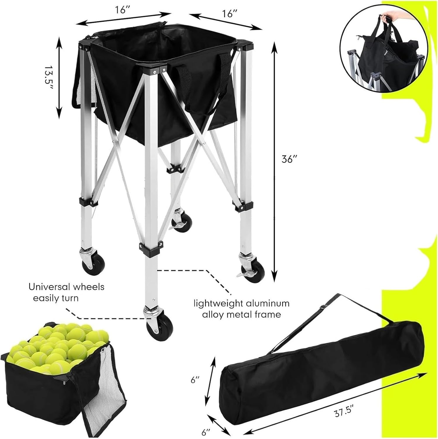 Foldable Tennis Ball Hopper Sport Training Supplies Pick Up Basket Tennis Ball Cart with Wheels for Tennis Training