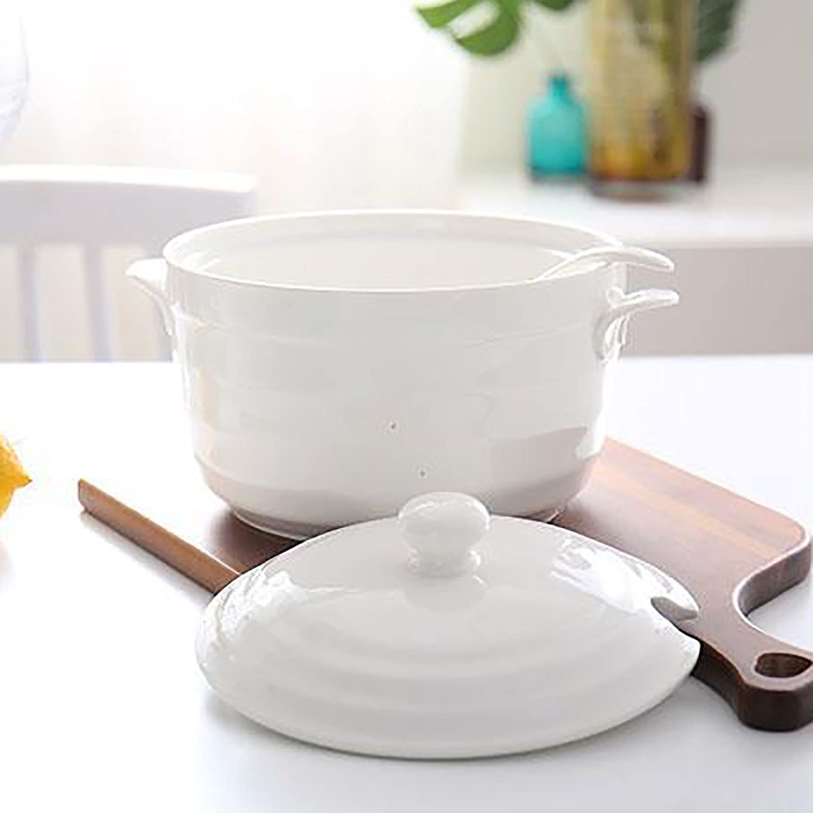 Terrine de Soupe avec Couvercle, céramique Blanche en terrine/Argile Pot/Harnais de Cuisson en céramique avec Chaleur de Couvercle - résistant, 1400 ML