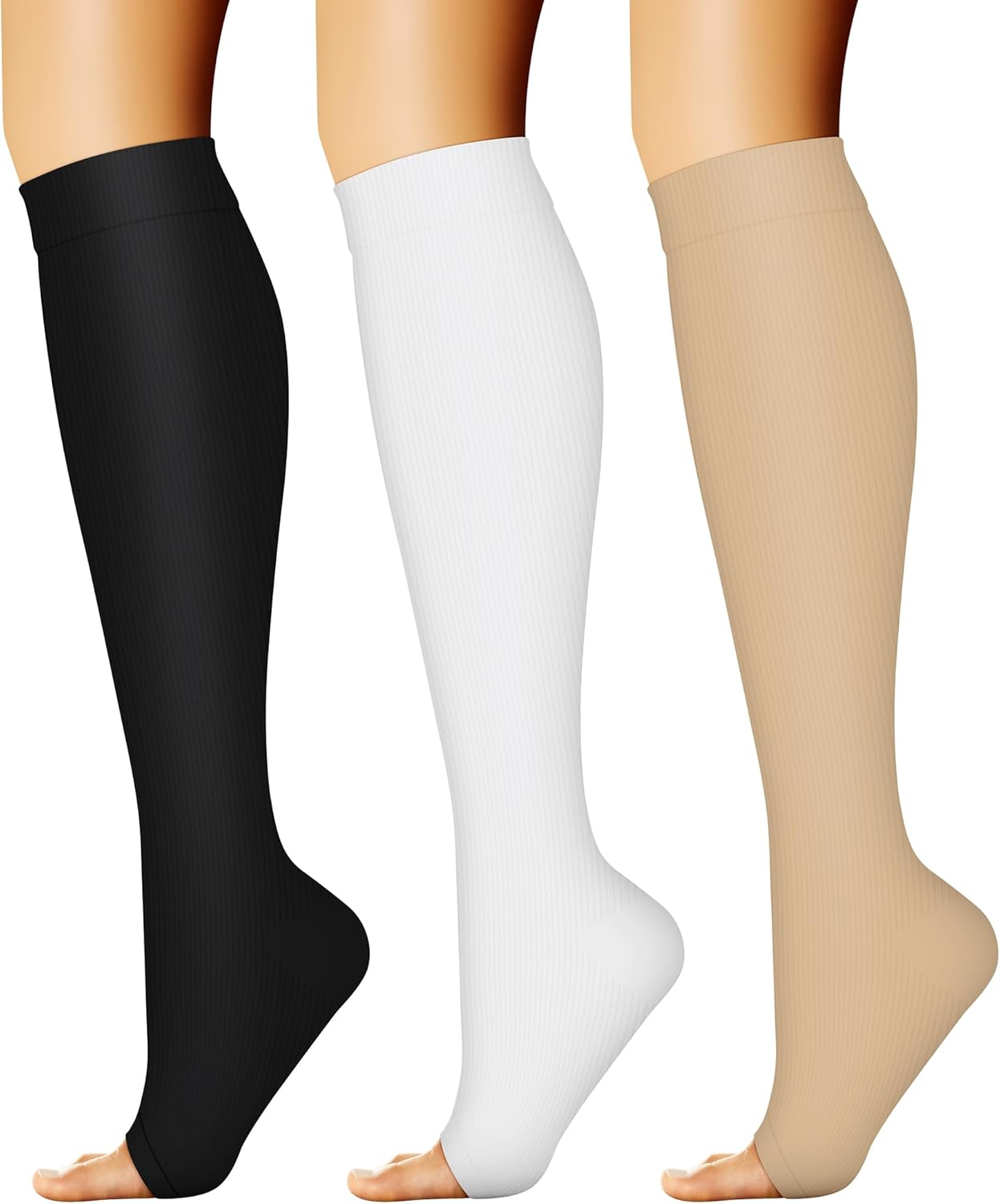 CHARMKING 3 Pairs Open Toe Compression Socks for Women & Men Circulation 15-20 mmHg is Best Support for All Day Wear