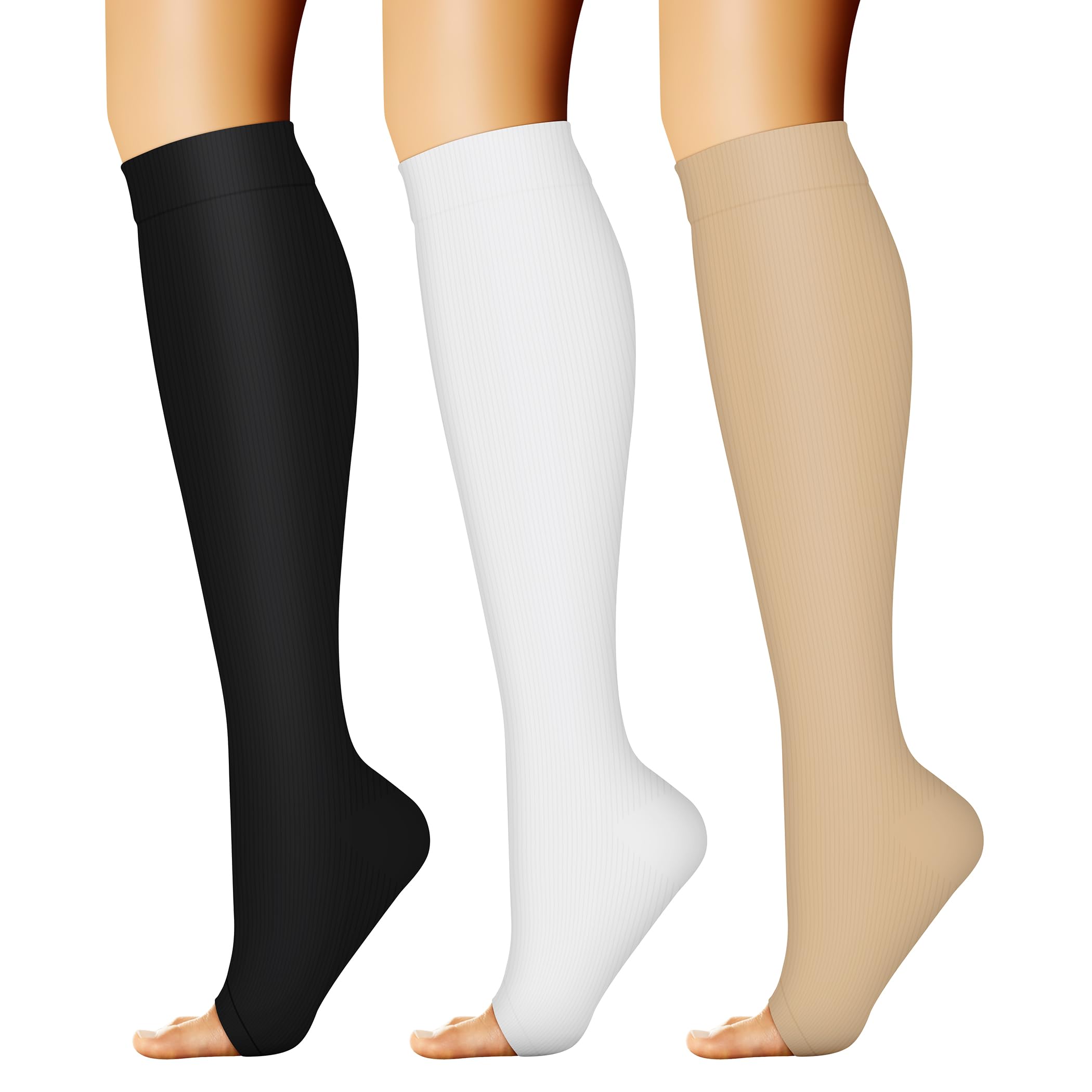 CHARMKING 3 Pairs Open Toe Compression Socks for Women & Men Circulation 15-20 mmHg is Best Support for All Day Wear