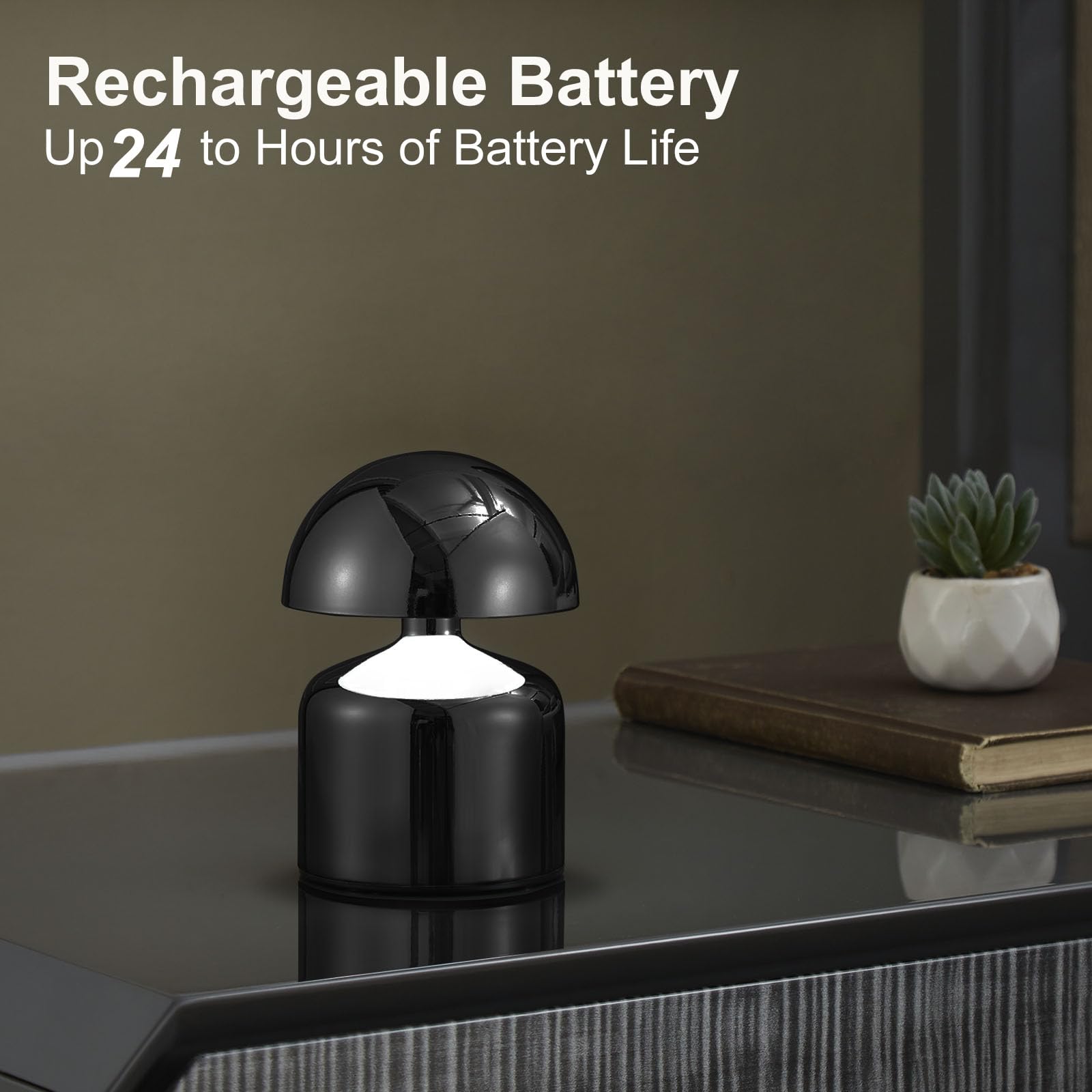 SAIWEYA Moderne schnurlose Pilz-Tischlampe, dimmbare Touch-Batterie | 3-Wege-Dimmbar, Mini Wiederaufladbare LED-Schreibtischlampe, Nachtlicht, Nachttischlampen für Schlafzimmer, Wohnzimmer