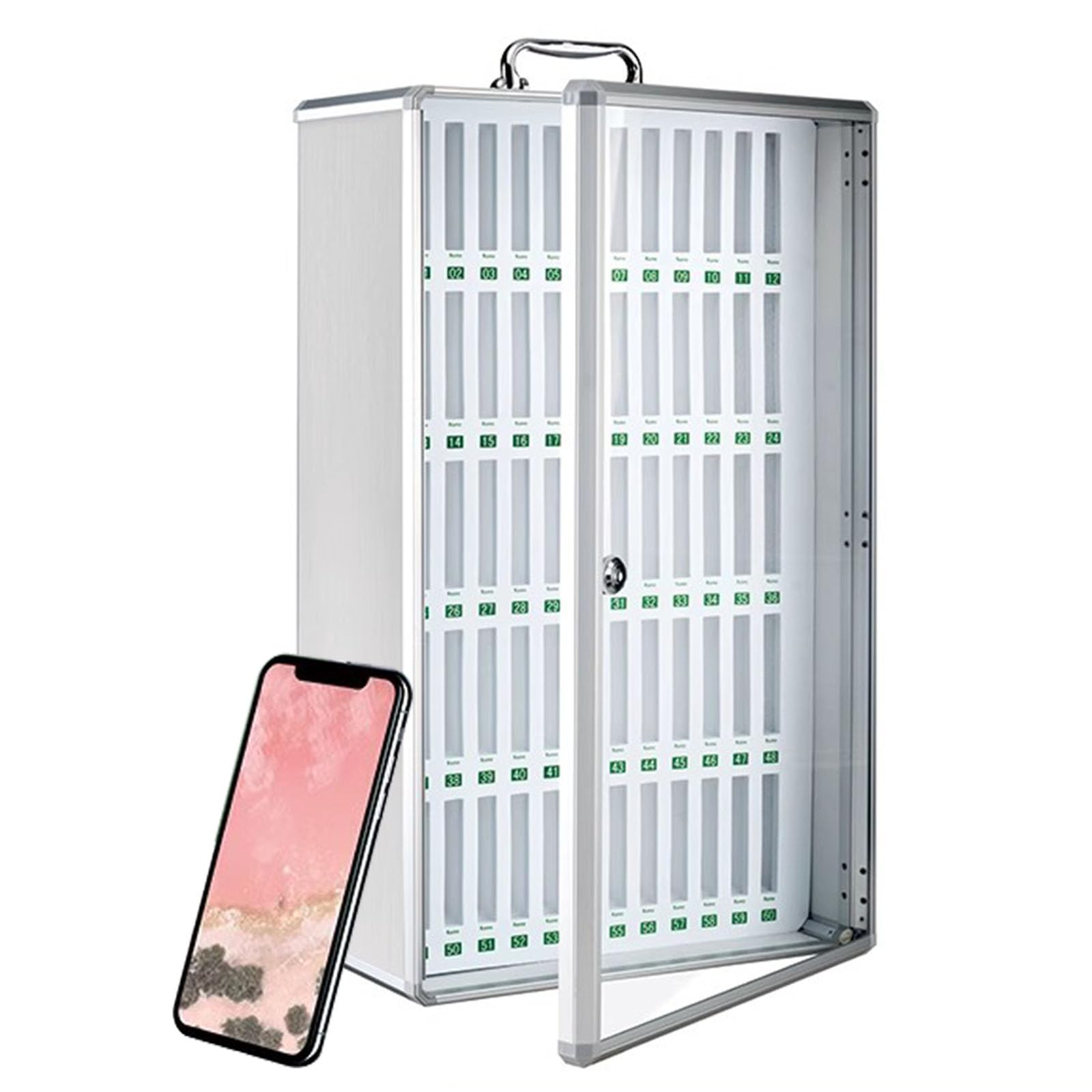 XDXINY Mobile Phone Locker 12/24/36/48/60 Slots Mobile Phone Storage Cabinet with Carry Handle, Lock, Aluminium Wall Mounted or Desktop Management Box Suitable for School, Offices (Silvery, 60 Slot) — image 1