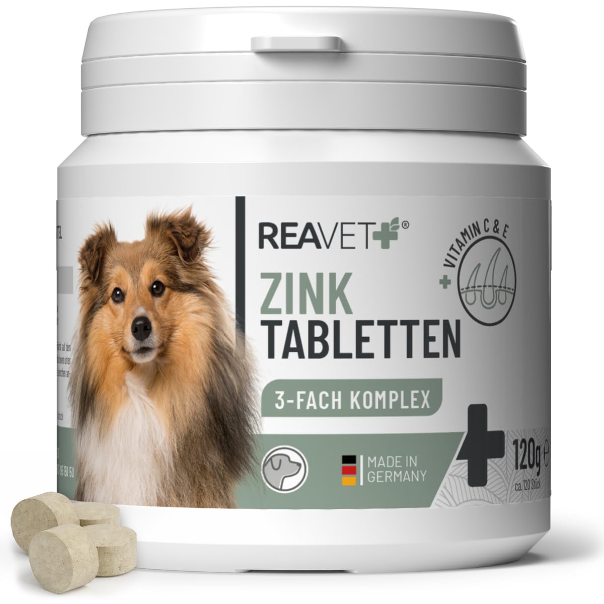 ReaVET Zink Tabletten für Hunde 120 Stück – Hochdosiert mit Vitamin C & E, Zinktabletten Plus Vitamine bei trockener Haut, Haarausfall, Zink Hund für Krallen & Fell