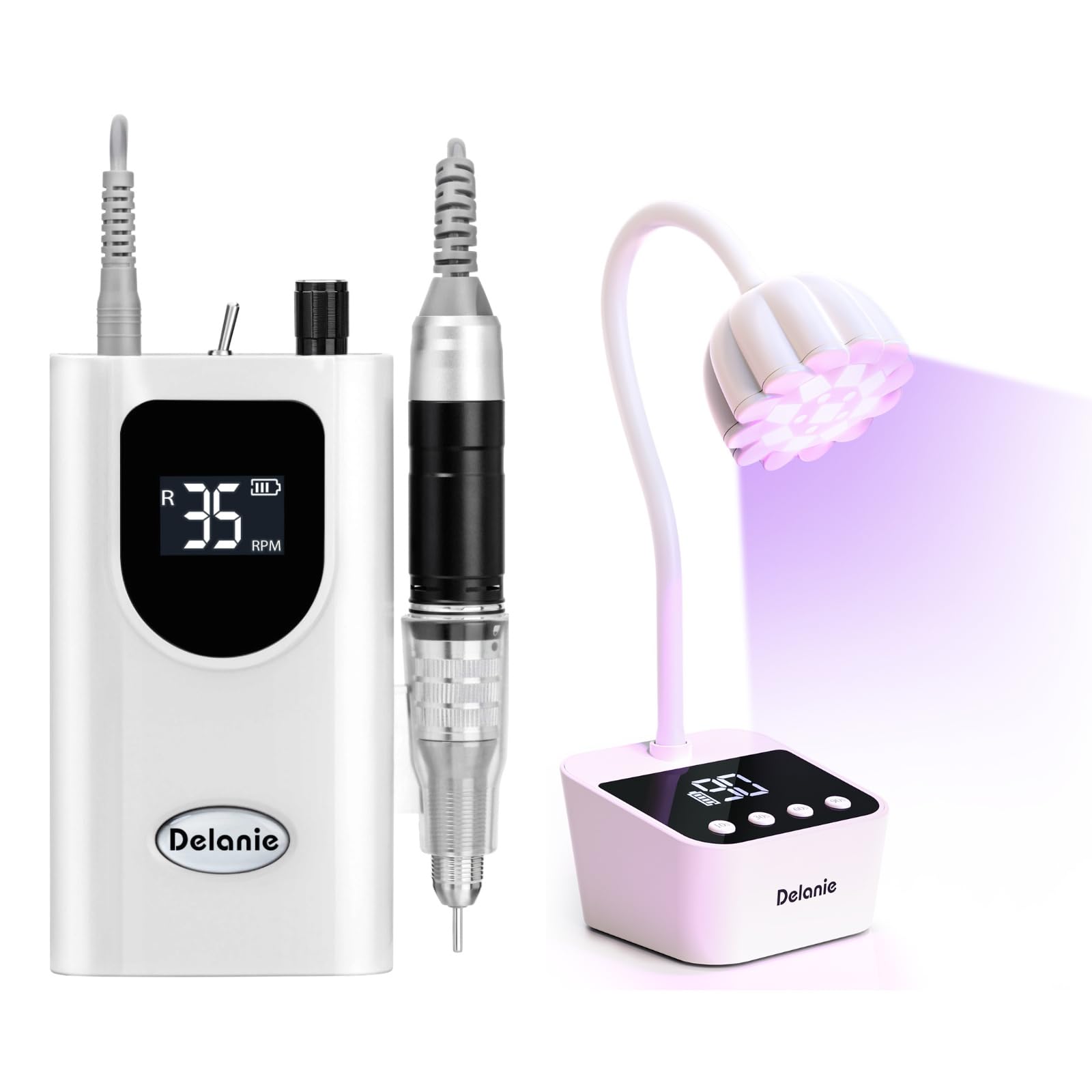 Professioneller Nagelfräser für Gelnägel 35000 U/Min Weiß & mini UV Nagellampe kabellos, Profi Nagel-Maschine Set für Maniküre & Pediküre