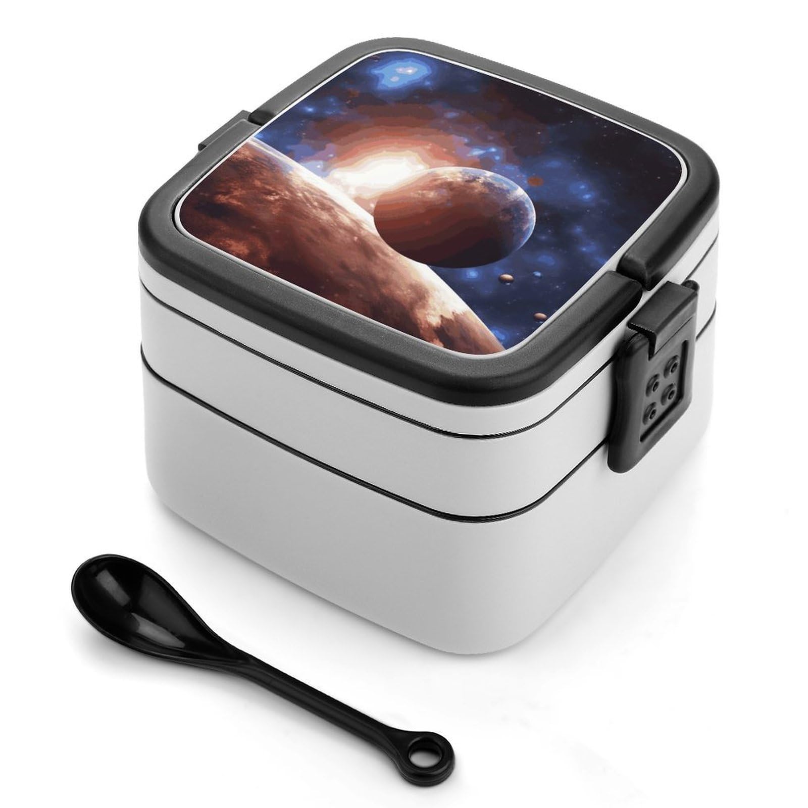 FekiLoot Planets in Space Background Bento Box Adult Lunch Box Sealed Bento Lunch Boxes with Spoon Sturdy Double Layer Bento Boxes Snap-on Design Leak Proof Lunch Containers Ideal for Work
