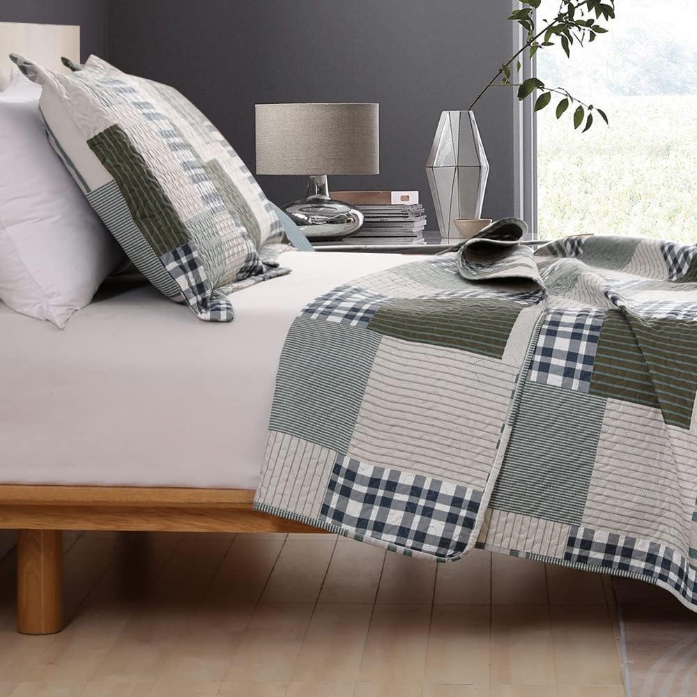 Jessy Home Bedspread Set Queen Size Quilt Set Bedding Lightweight Bedspread Plaid Patchwork Bedding Reversible Quilt Stripe Line Style Mens Quilts Coverlet Soft Breathable Bedspread Queen Bed - Image 3