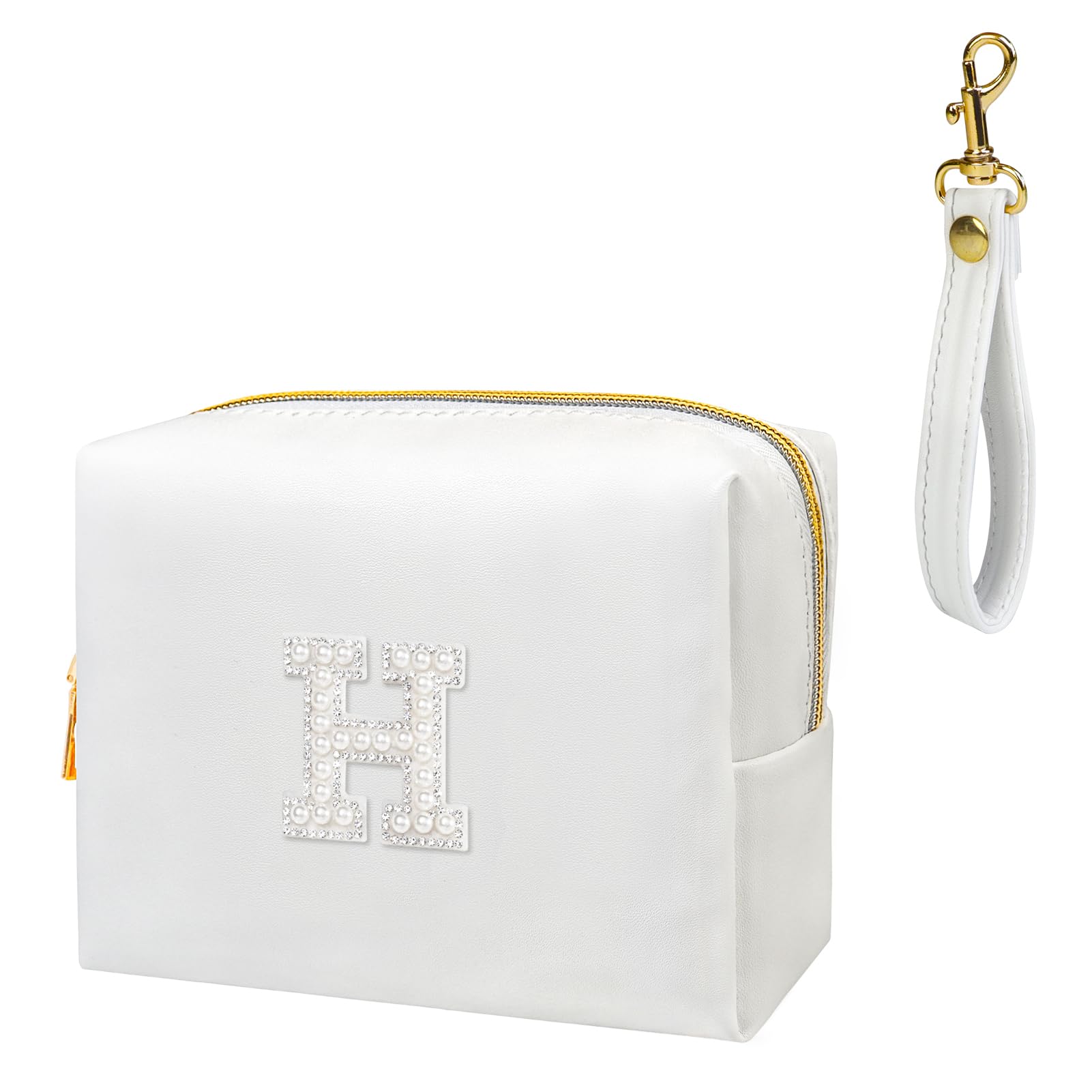 Fmeida Initial Patch Makeup Bag - Small Makeup Pouch for Purse with Detachable Handle, Personalized Preppy Cosmetic Bag, Monogram Gifts for Bridesmaids, Birthday, Wedding, Pearl Letter H