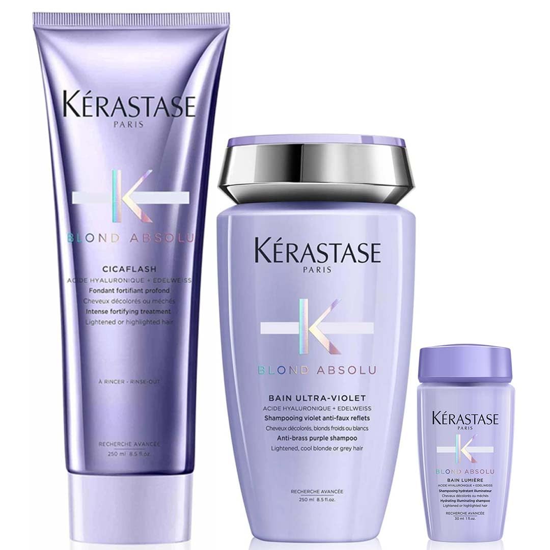 KERASTASE Blond Absolu, Bagno Ultra Viola 250 ml, Cura Cicaflash 250 ml, Bagno Luce 30 ml in omaggio per capelli biondi decolorati o cattivi