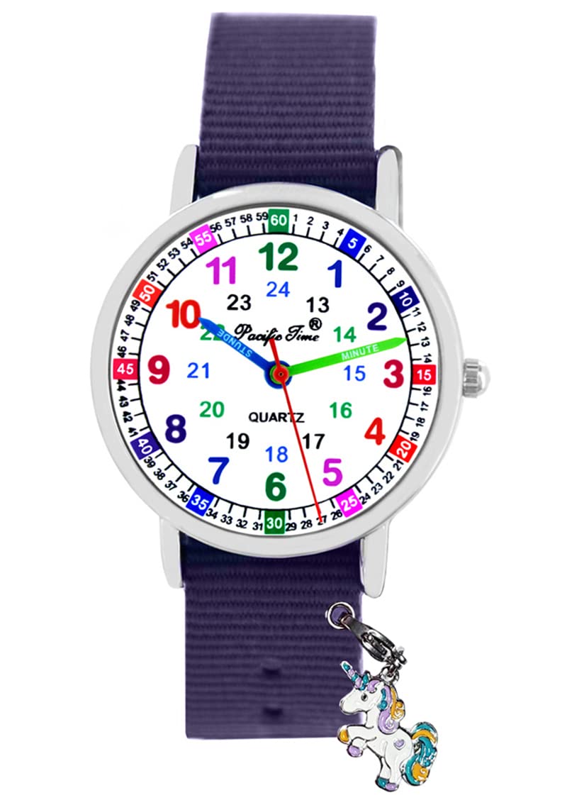 Pacific Time Kinder Armbanduhr Mädchen 4 Einhorn Anhänger Uhr Lernuhr Geschenk Set Textil Wechselarmband analog Quarz