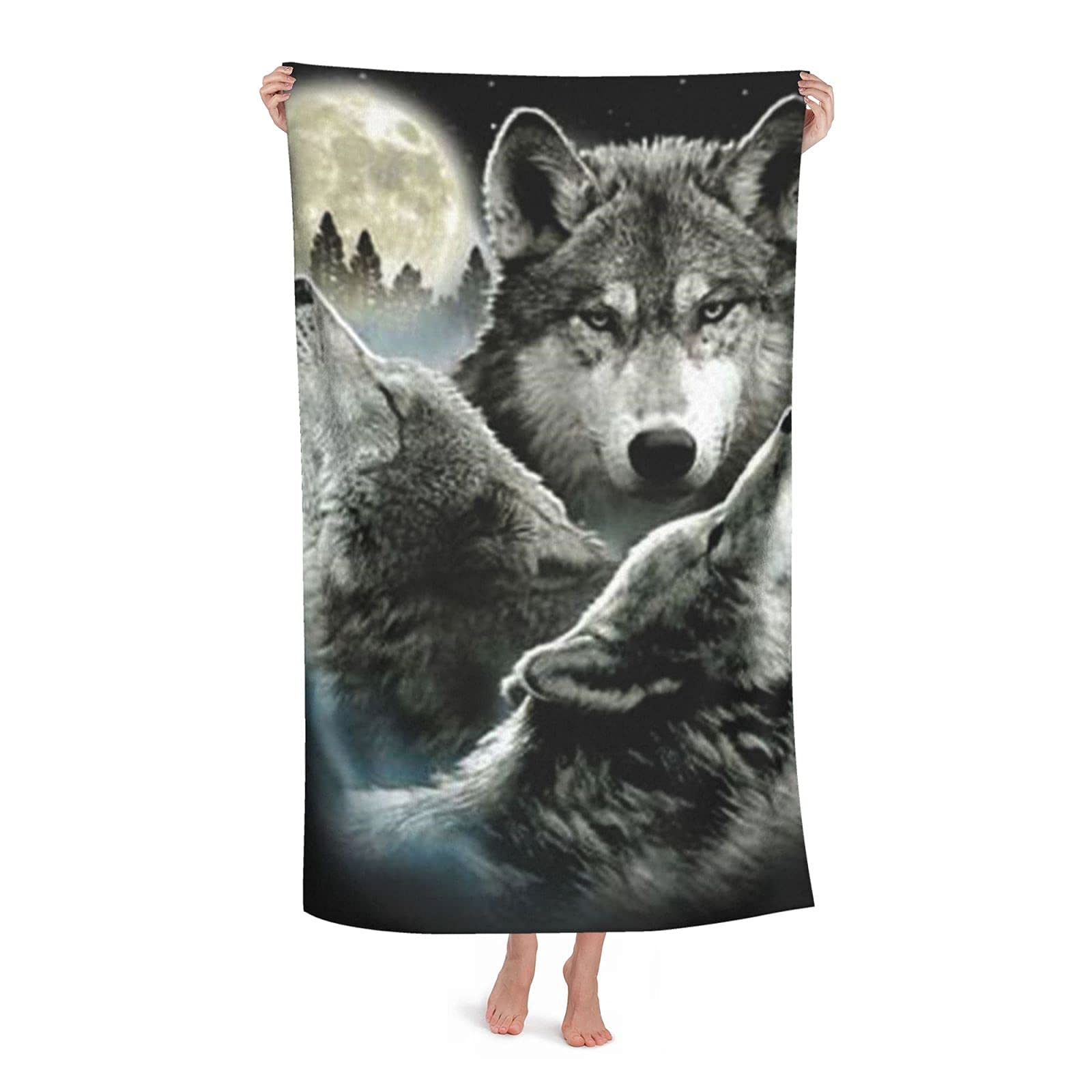 FFLSDR Beach Towel Three Wolf and Moon Adult Travel Microfiber Large Bath Towel Soft Absorbent Beach Blanket 80X130CM