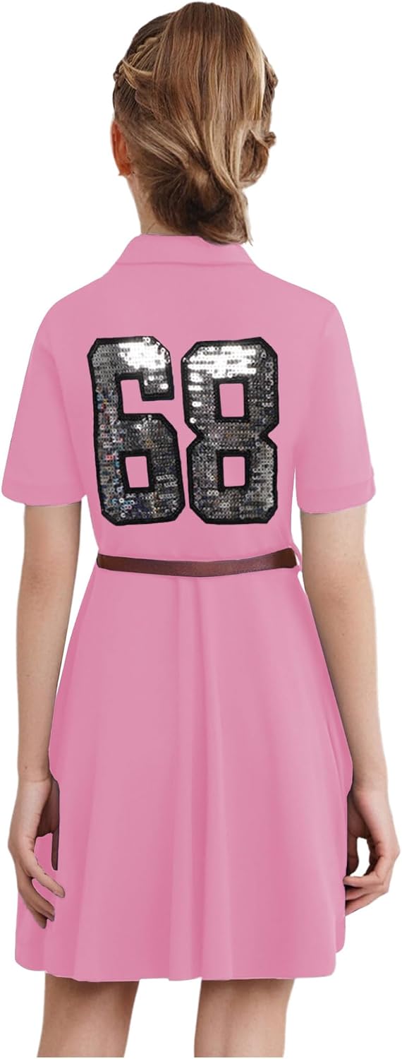 Girls Sequins Dress 68 Short Sleeve Lapel V Neck with A Line Skirt for Dance Performance and Golf Sports