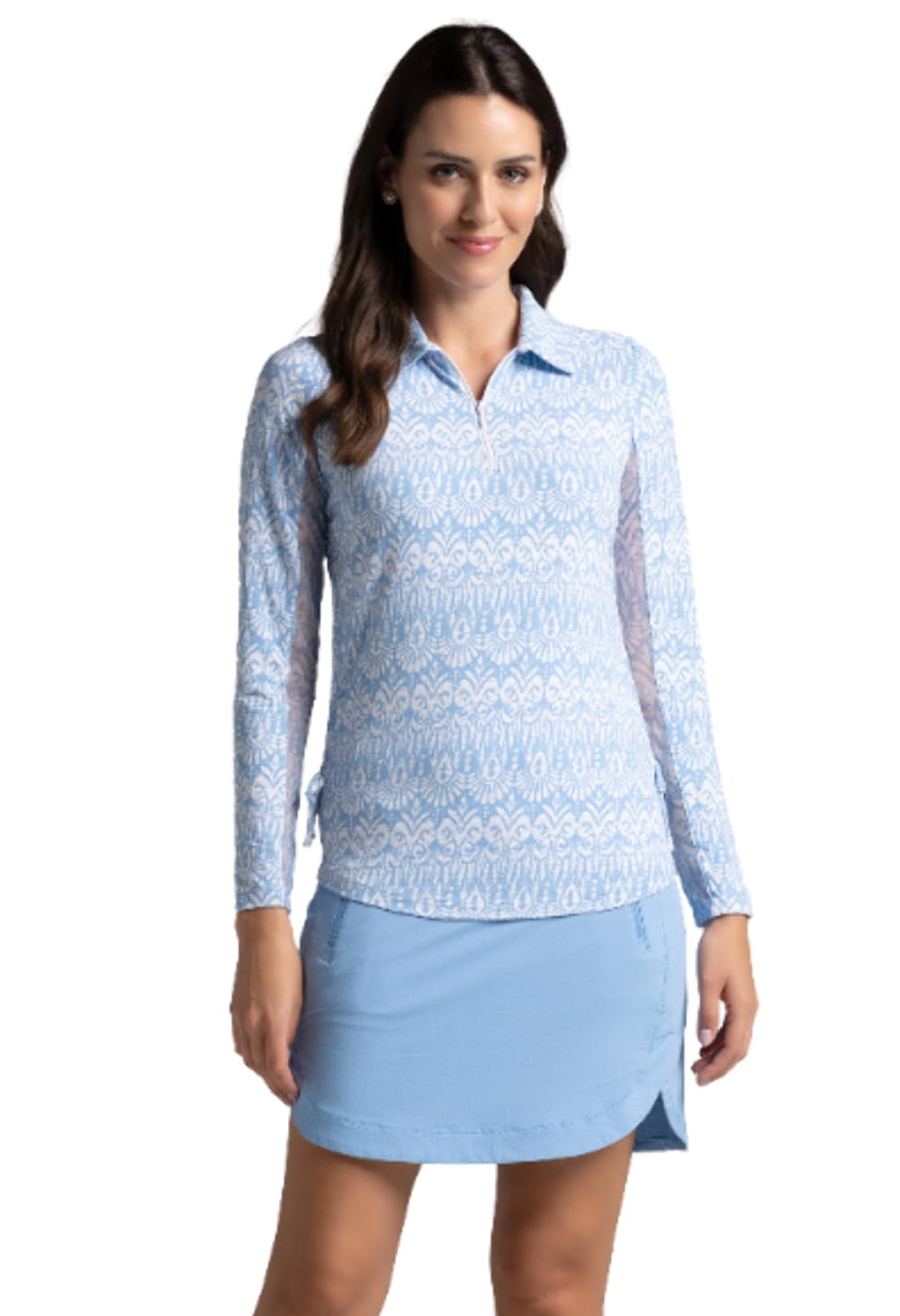 IBKUL Sun Protective UPF 50+ Icefil Cooling Tech Barbara Print Adjustable Length Long Sleeve Polo – 48086 Watermelon/White Barbara XL