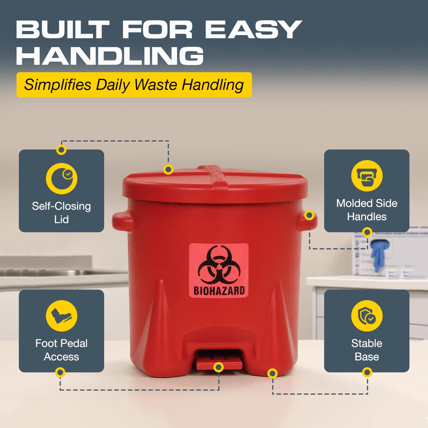 Eagle Biohazard Trash Can, Self-Closing Lid, 10 Gallon, Made in USA, Red image 5