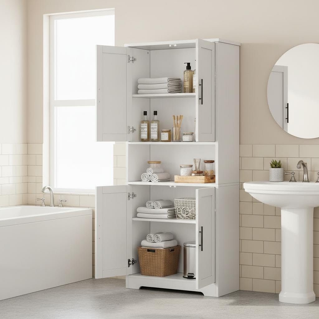 70" Tall Bathroom Storage Cabinet with Doors, Adjustable Shelves and Open Center Storage, Freestanding Bathroom Organizer,White