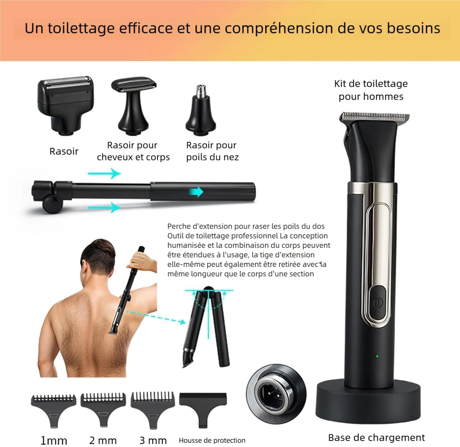 Rasoir Électrique pour le Dos pour Homme, 4 en 1, Kit de Tondeuse pour le Corps Multifonction en Libre-Service, Humide ou Sec, Noir, ABS, pour les Voyages