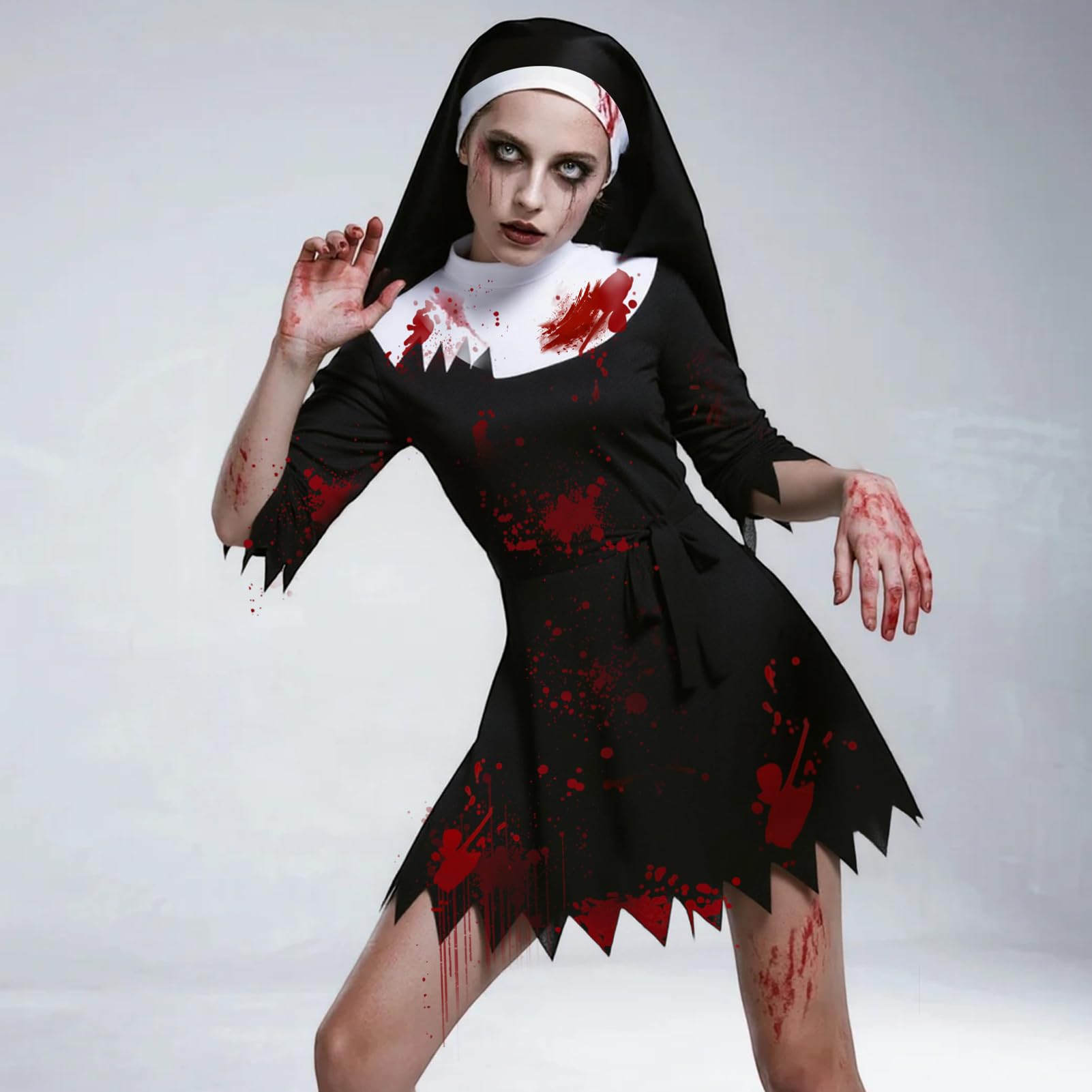 Meriviva Zombie Nun Costume for Women Scary Bloody Nun Costume Set including Black Dress Headpiece Cross Necklace Belt for Halloween Party Fancy Dress Up (M) - Image 3