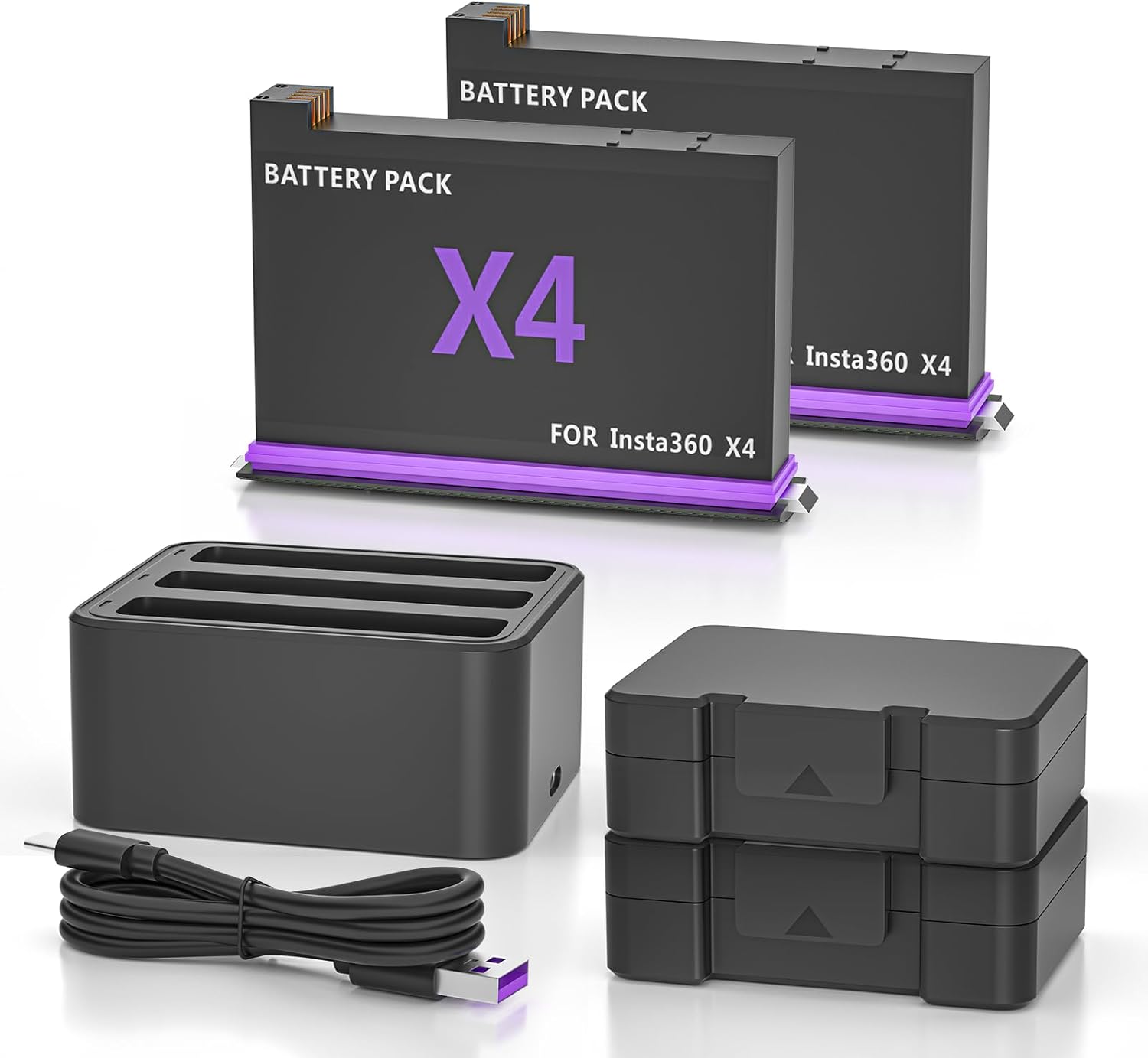 2 Pack 2500mAh Battery and 3-Channel Fast Charger for Insta360 X4,X4 Battery Charger Set Accessories for Insta 360 X4（2 Batteries+Charging Hub+5V 3A Charging Plug