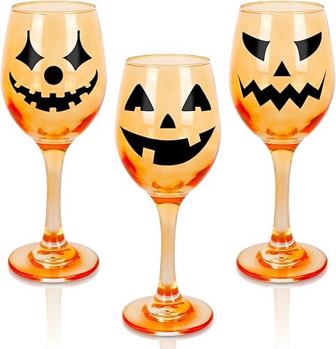 Whaline Paquete de 3 copas de vino de Halloween de 10 onzas de calabaza naranja, copas de vino tinto Jack-O-Lantern de tallo largo, vasos de fiesta