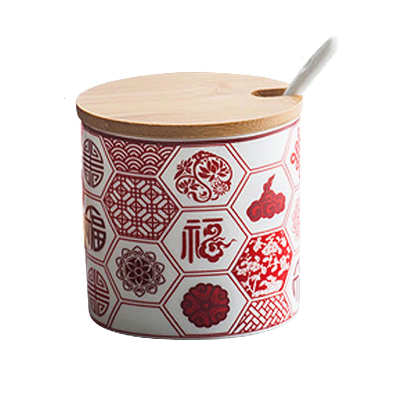 pojemnik na cukier， Słoiki na przyprawy, cukiernica w stylu chińskim z pokrywką i łyżeczką, porcelanowy słoik do przechowywania cukru o pojemności 11 uncji, ceramiczna cukiernica w szkarłatne litery,