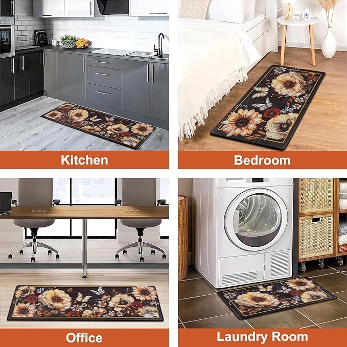 Image of Zorzel Rubber Anti Fatigue Kitchen Rug Set,2 Pcs Non Slip Kitchen Mats for Floor Cushioned Kitchen Rug & Mat,Waterproof Comfort Standing Mat,Runner for Kitchen,Home Office,Sink,Laundry (Black Flower)